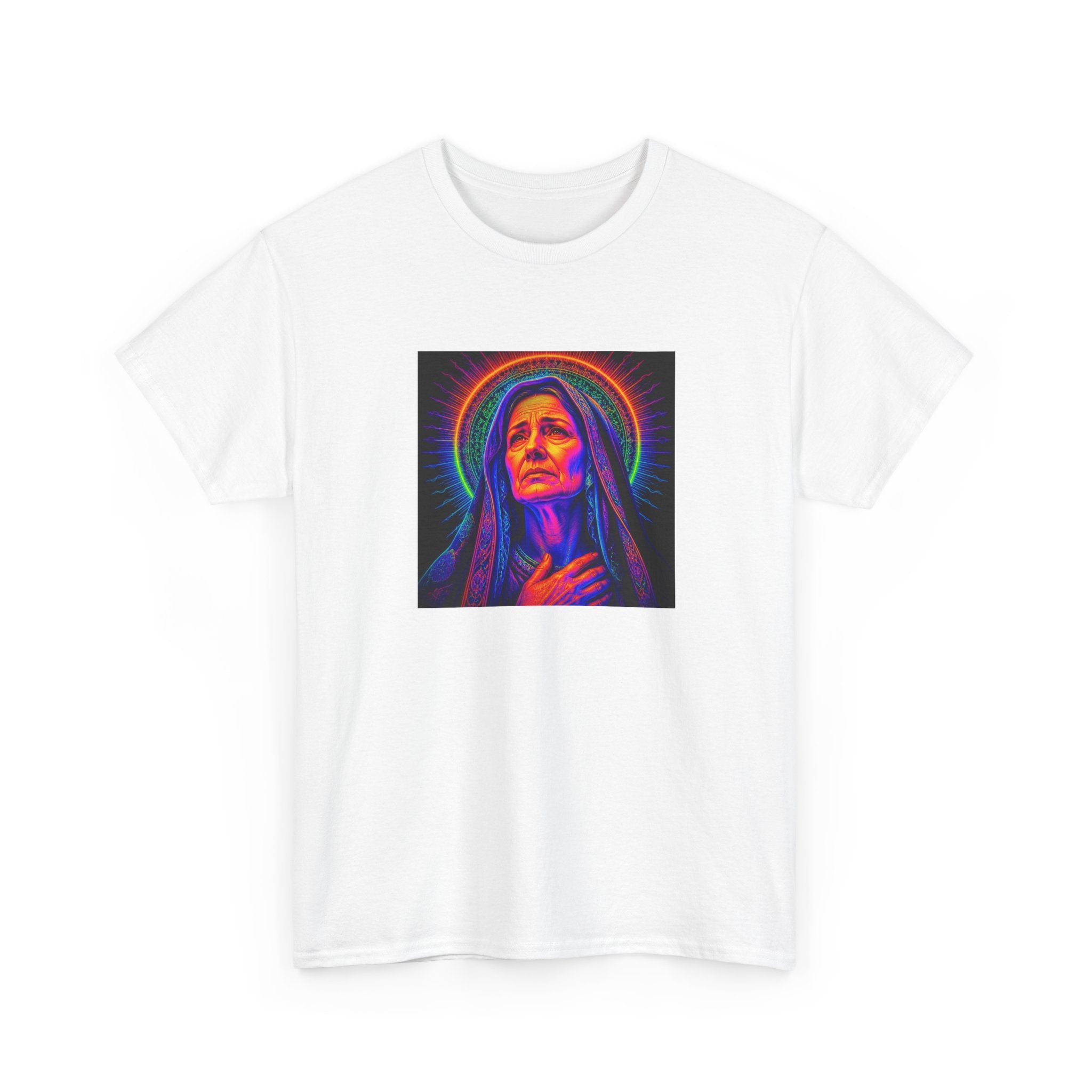 T-Shirt — Neon Madonna Portrait Graphic Tee Mother of Christ