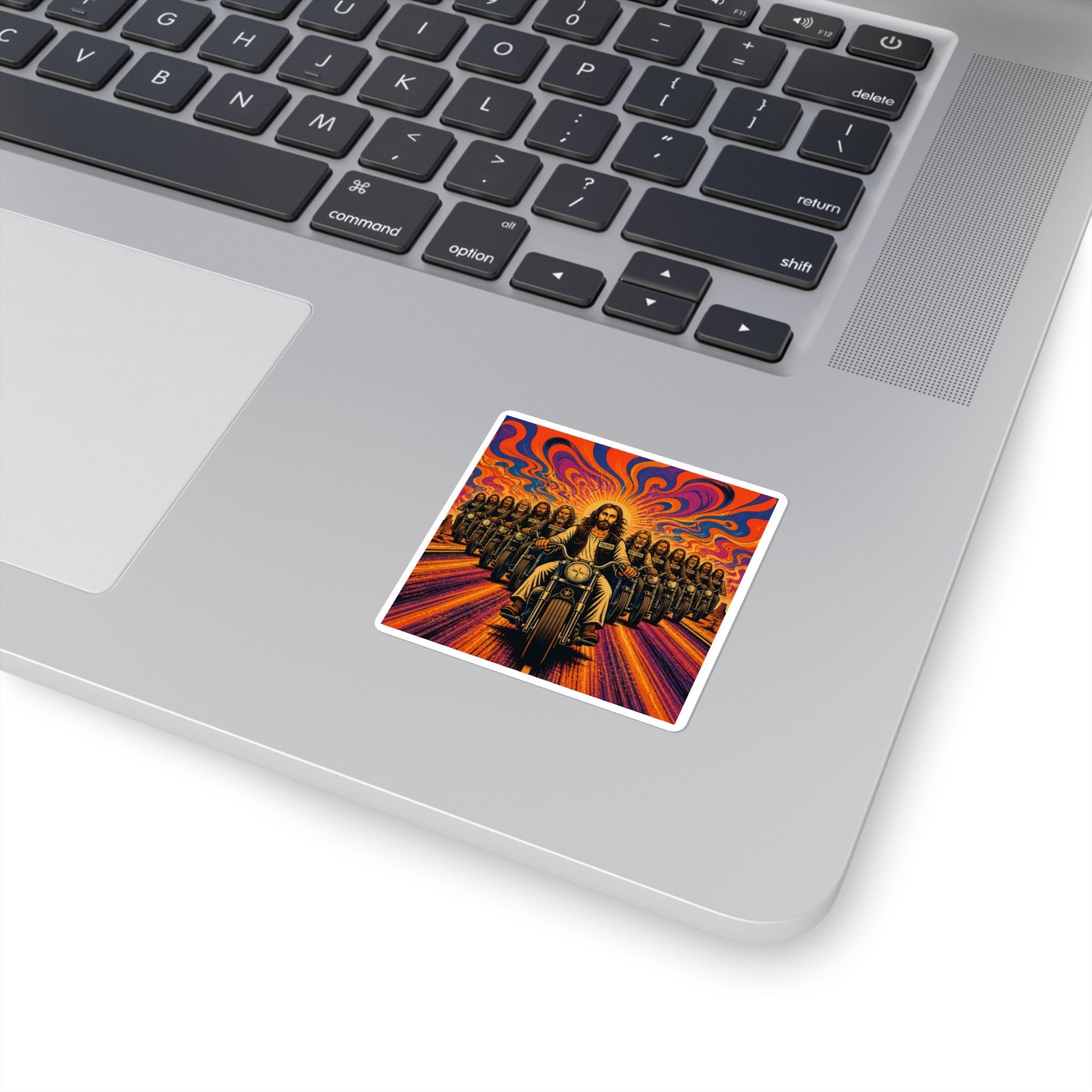 Psychedelic Biker Jesus Square Sticker — Retro Motorcycle Faith Art