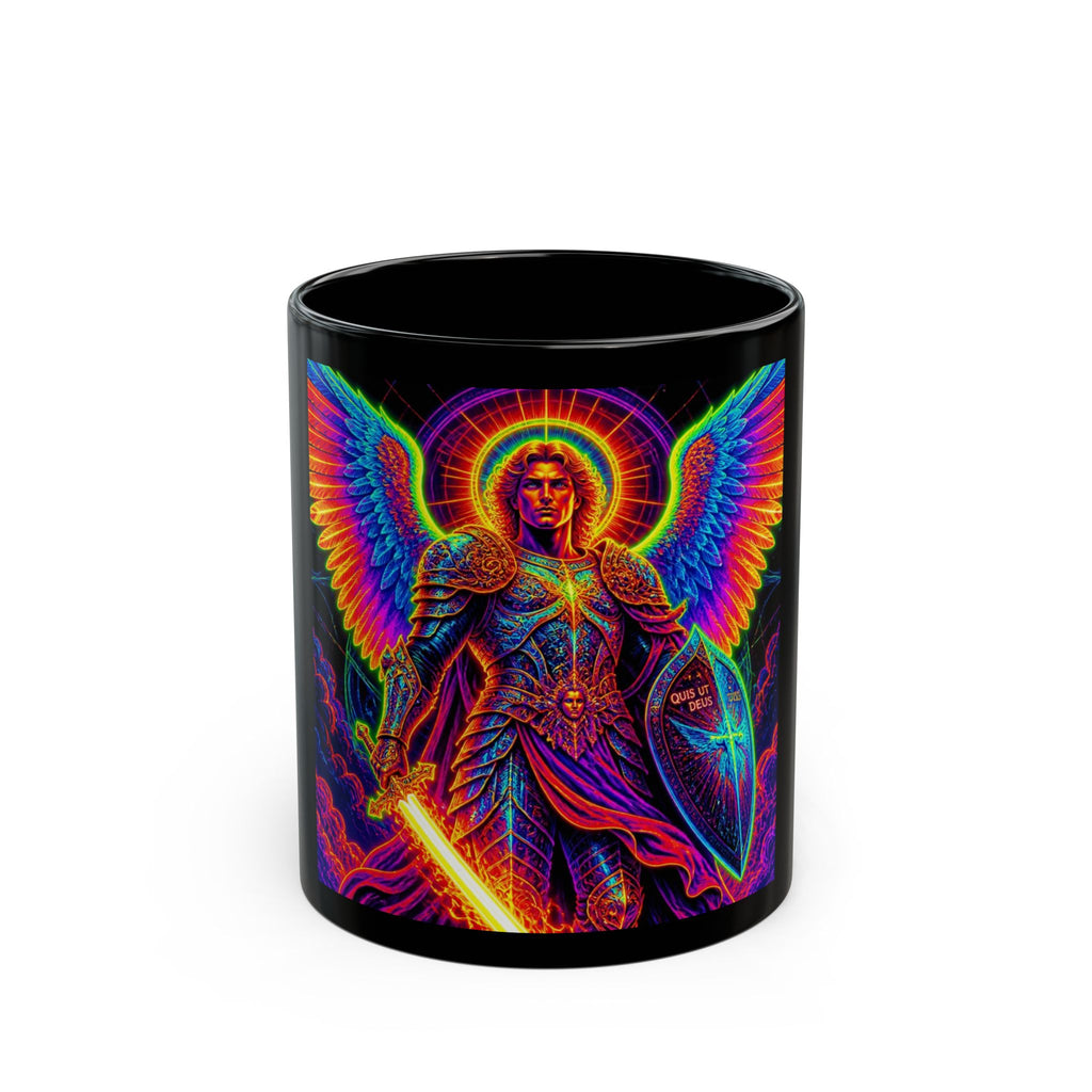 Angel Warrior Black Mug — Neon Archangel Coffee Cup (11oz/15oz)