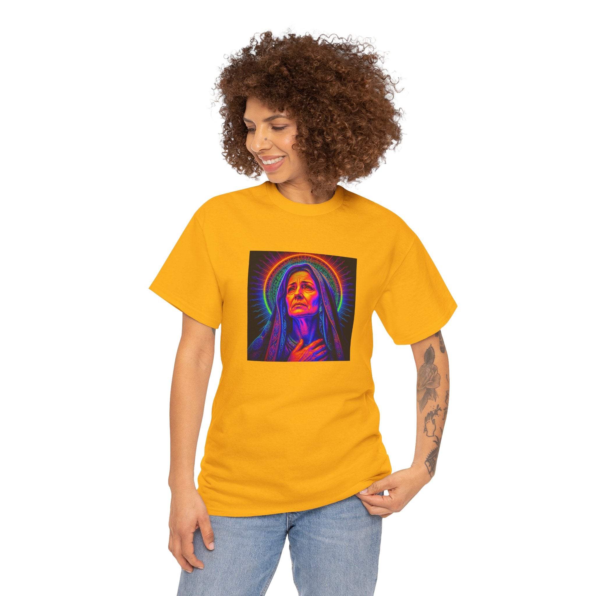 T-Shirt — Neon Madonna Portrait Graphic Tee Mother of Christ