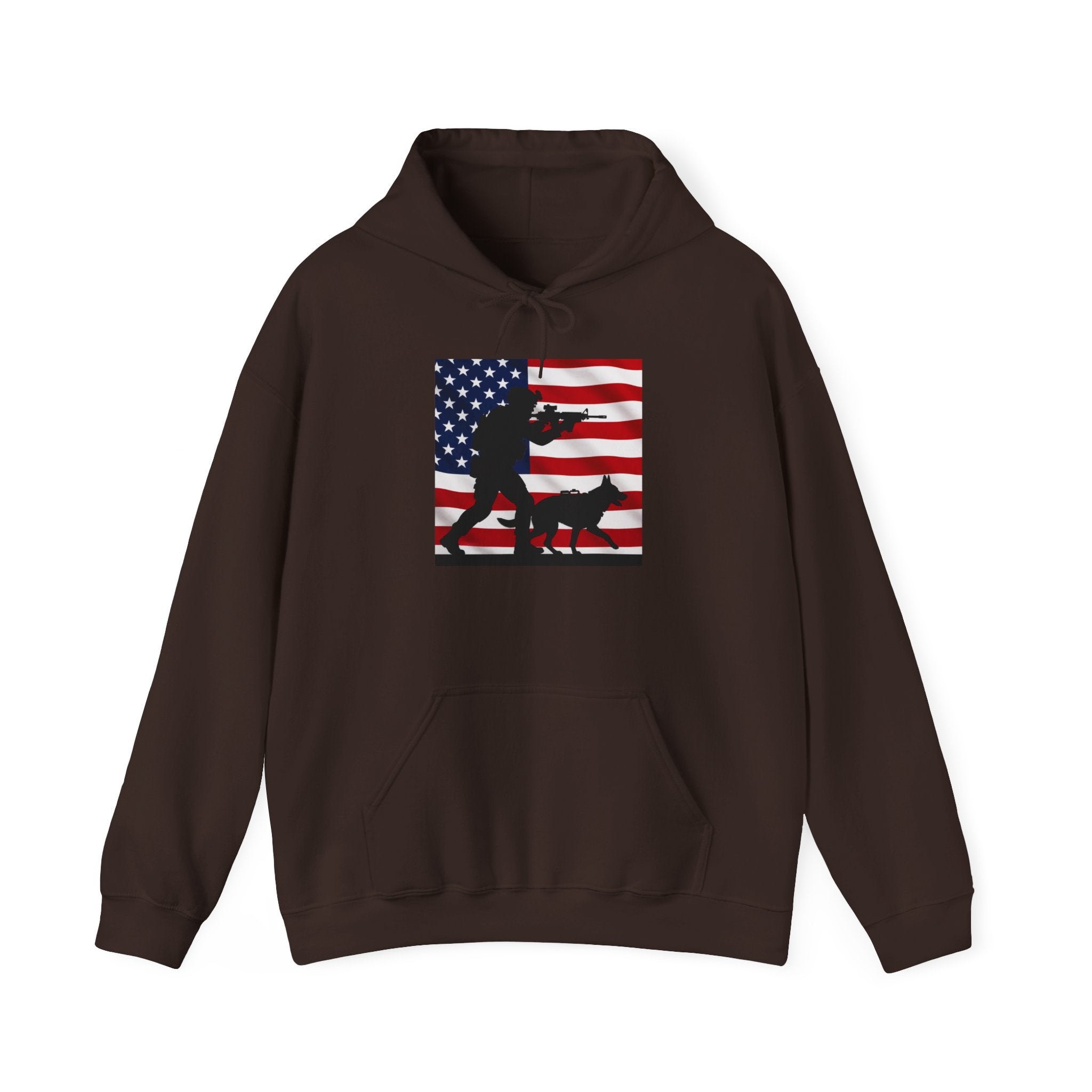 American K9 Handler Hoodie — US Flag Dog Silhouette Patriotic Sweatshirt
