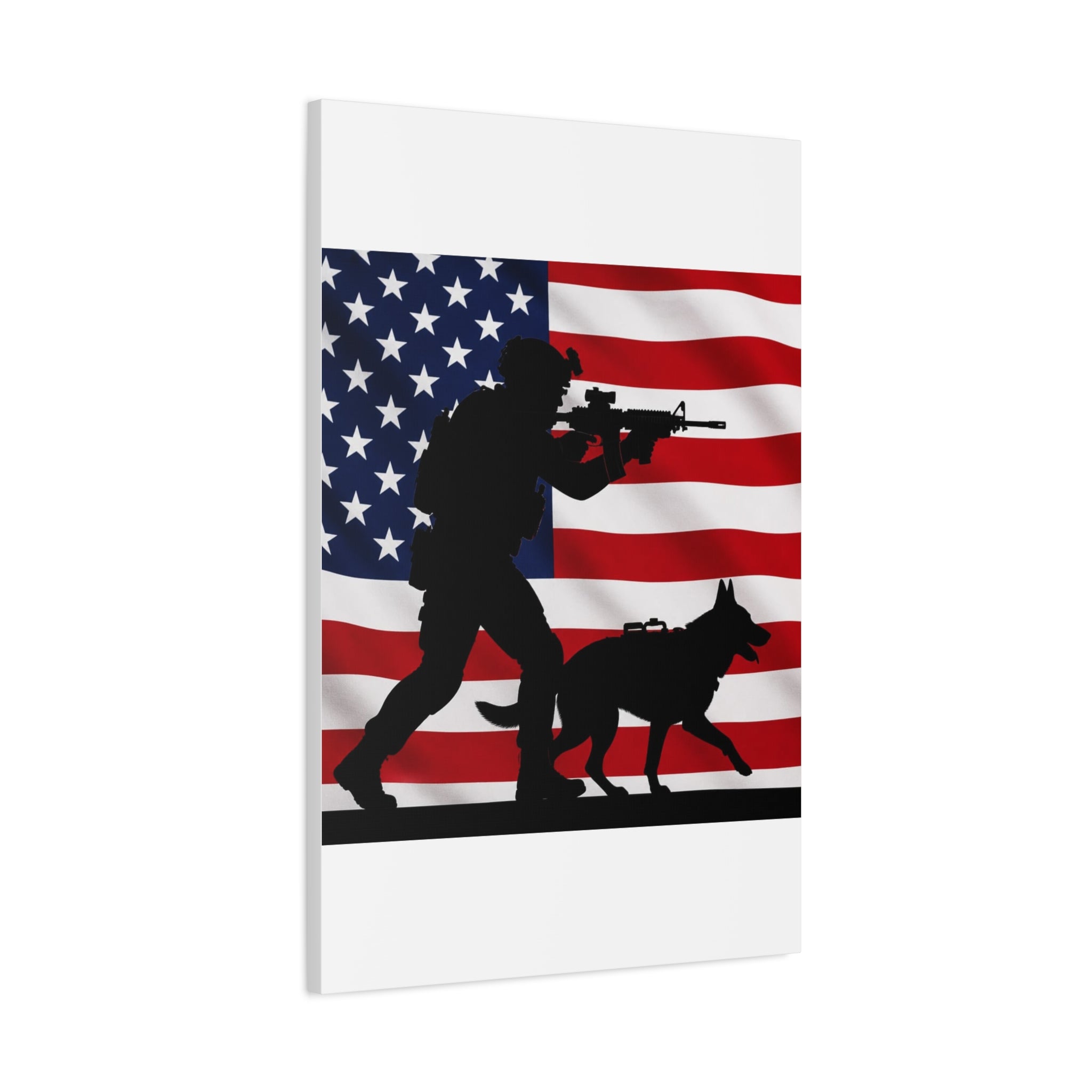 Patriotic Military K9 Canvas Wall Art — Soldier and Dog Silhouette with American Flag