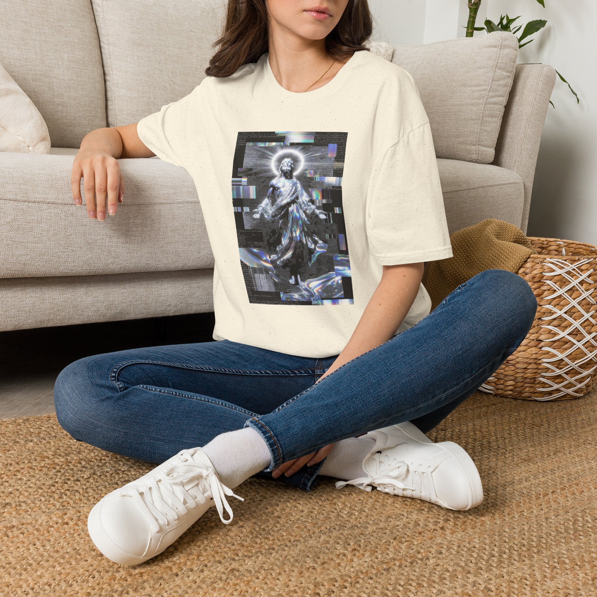 Glitch Halo Jesus T-Shirt — Vintage Religious Retro Digital Art Tee