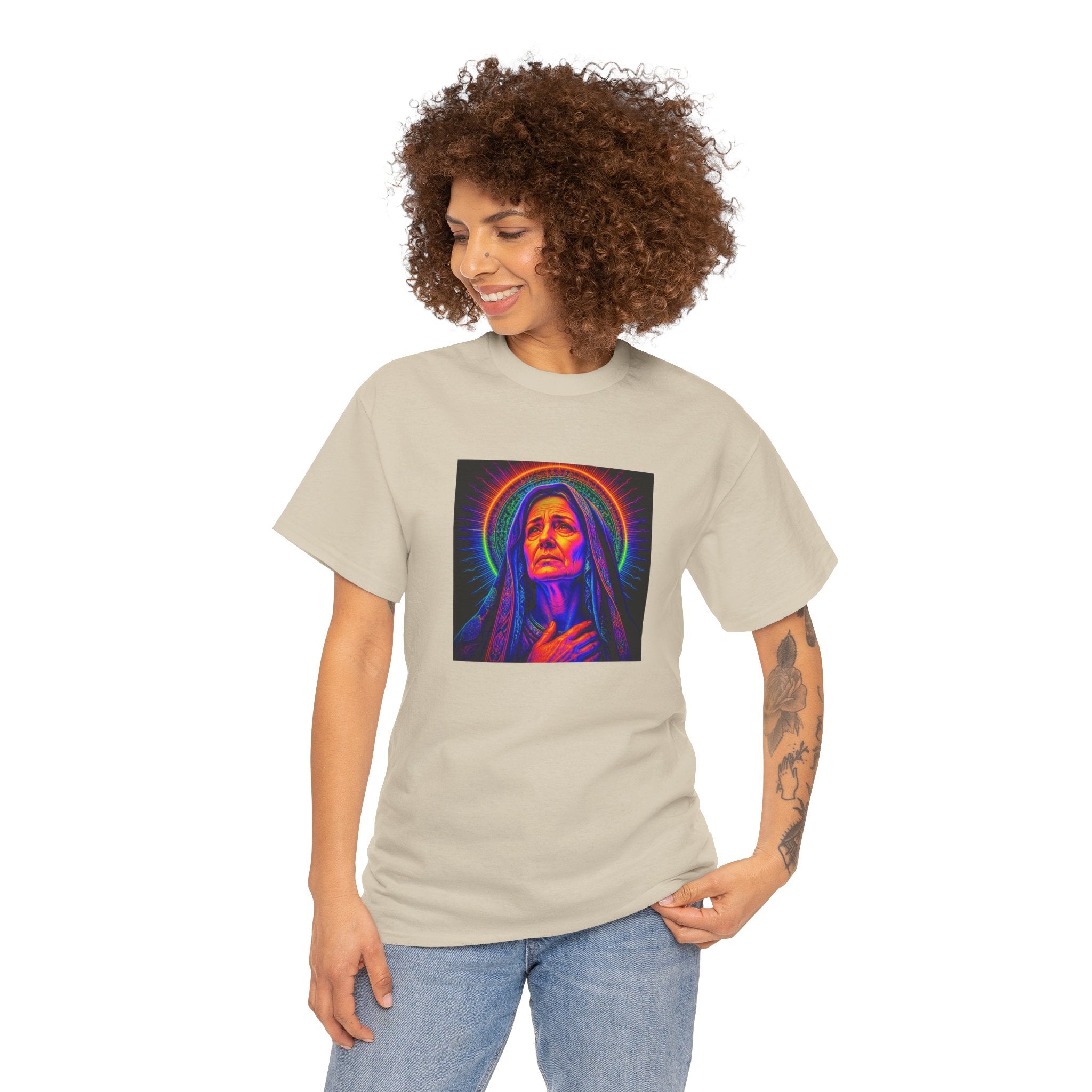 T-Shirt — Neon Madonna Portrait Graphic Tee Mother of Christ
