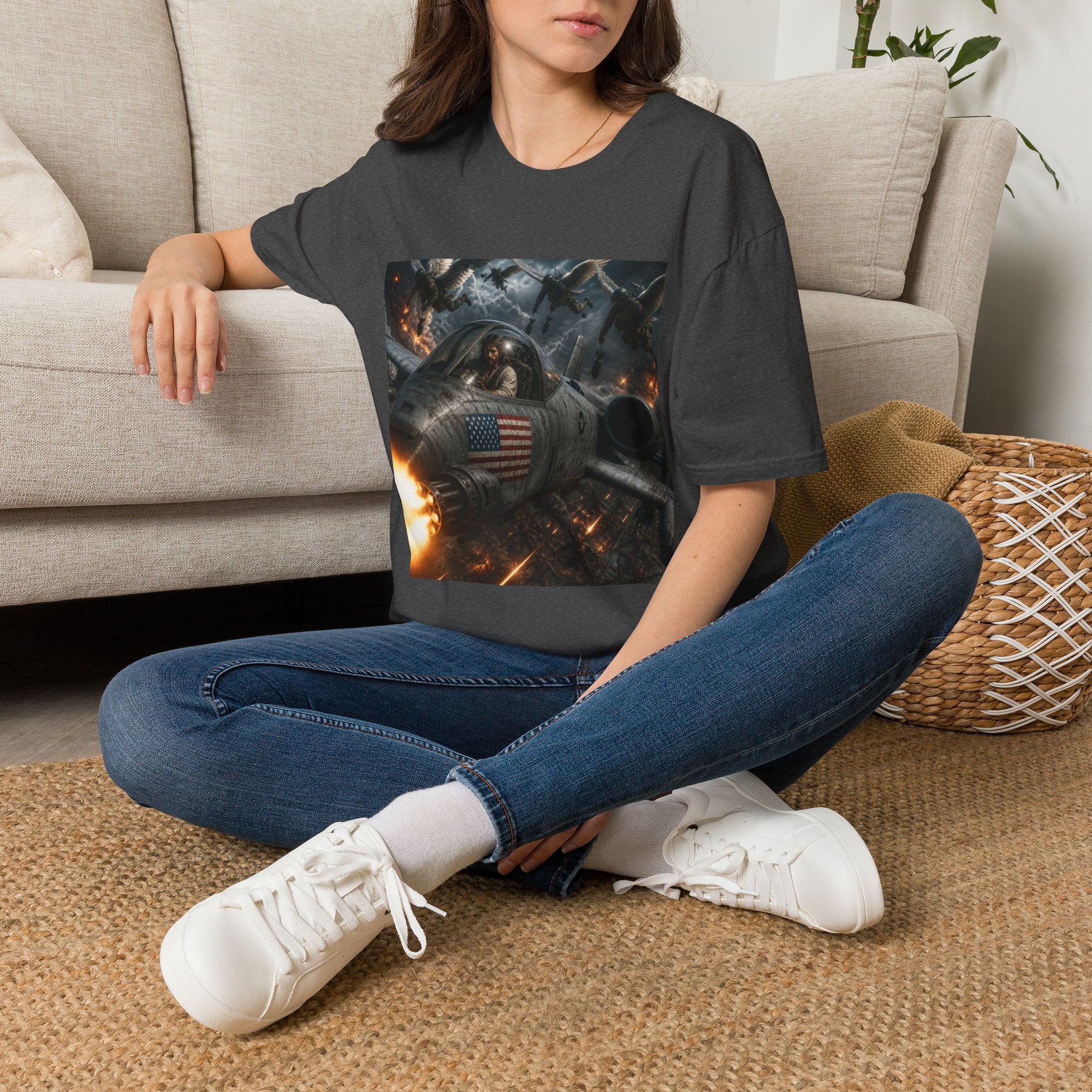 Jesus Military Pilot T‑Shirt — Vintage Jetfighter Scene with American Flag