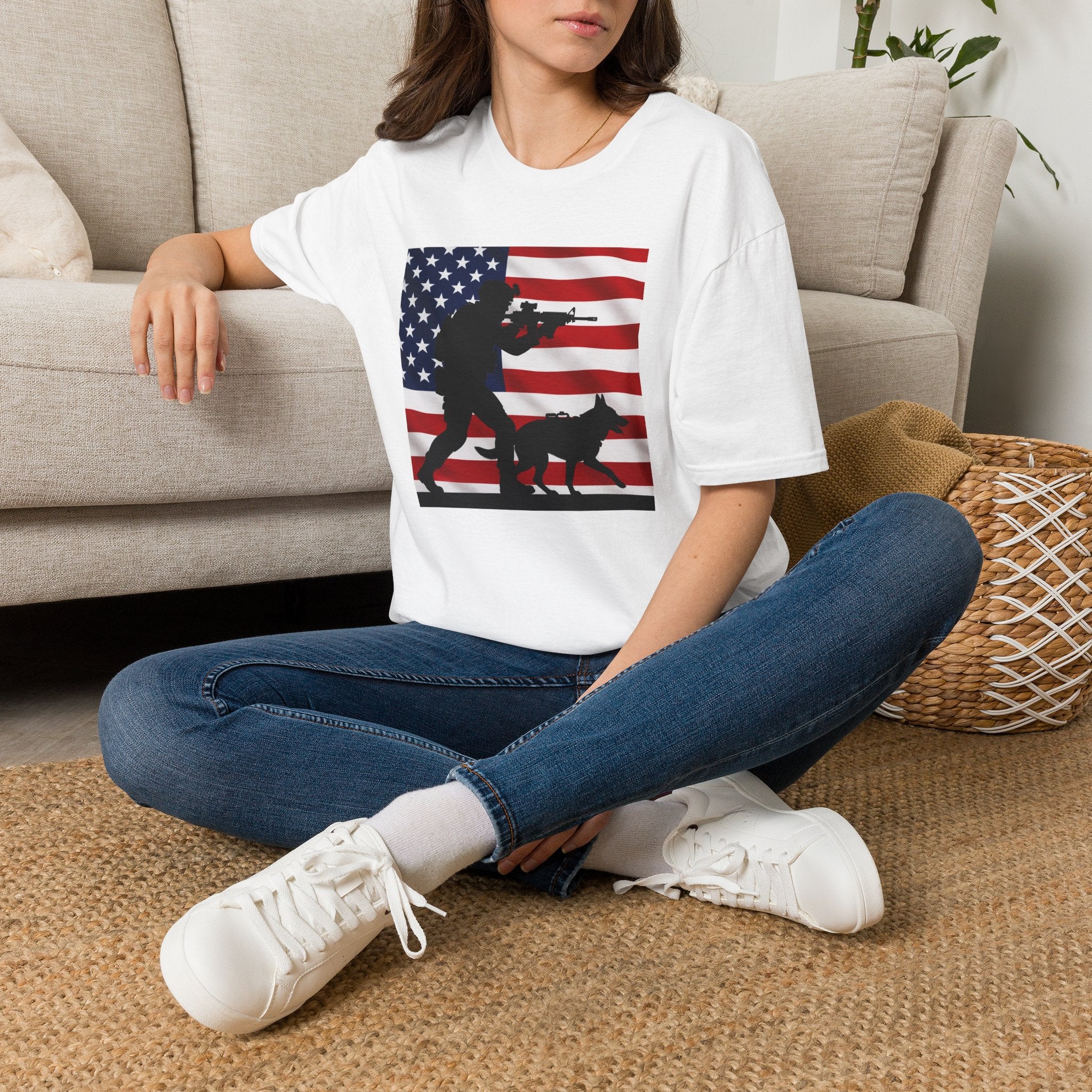 Patriotic K9 Handler T-Shirt — American Flag Soldier with Dog Graphic