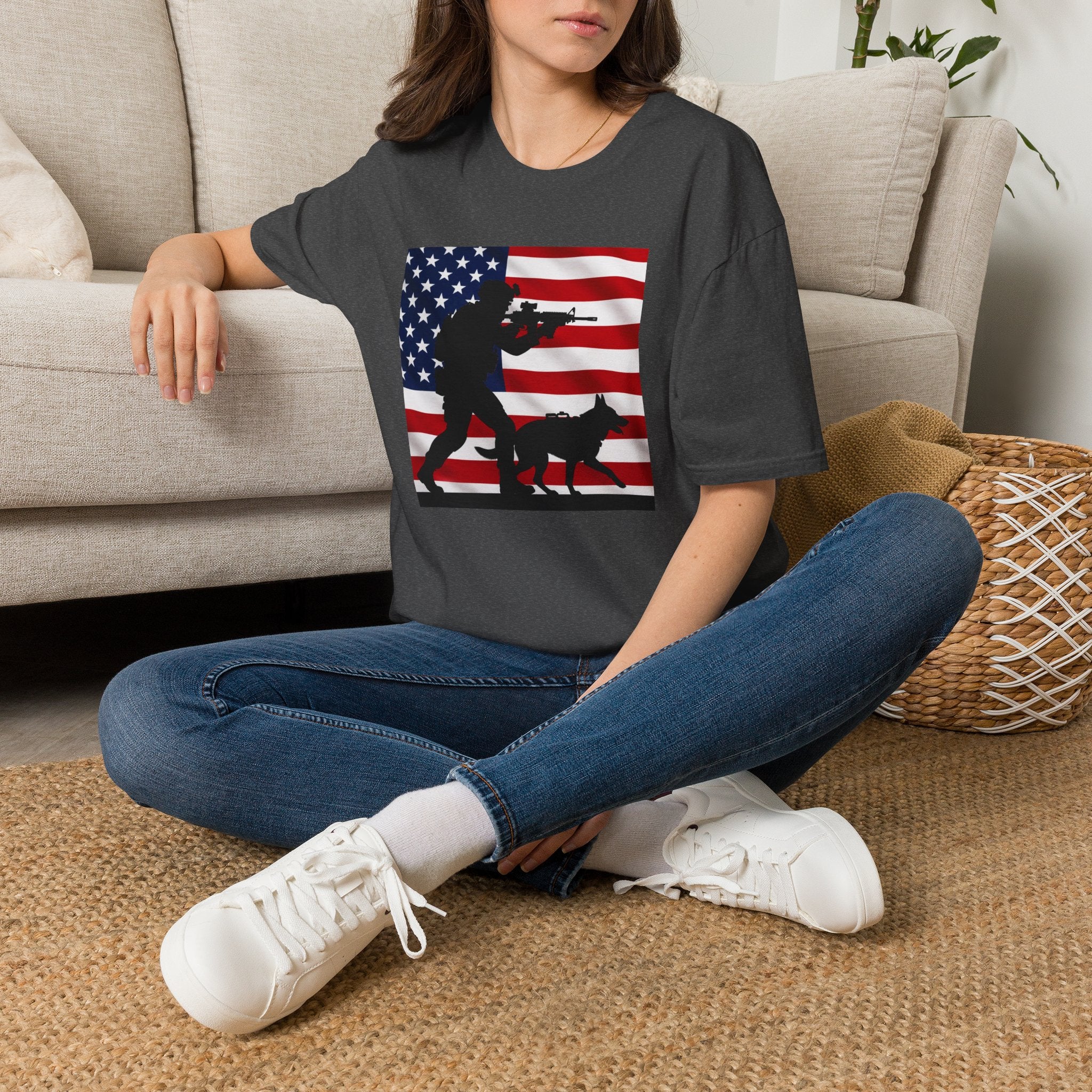 Patriotic K9 Handler T-Shirt — American Flag Soldier with Dog Graphic