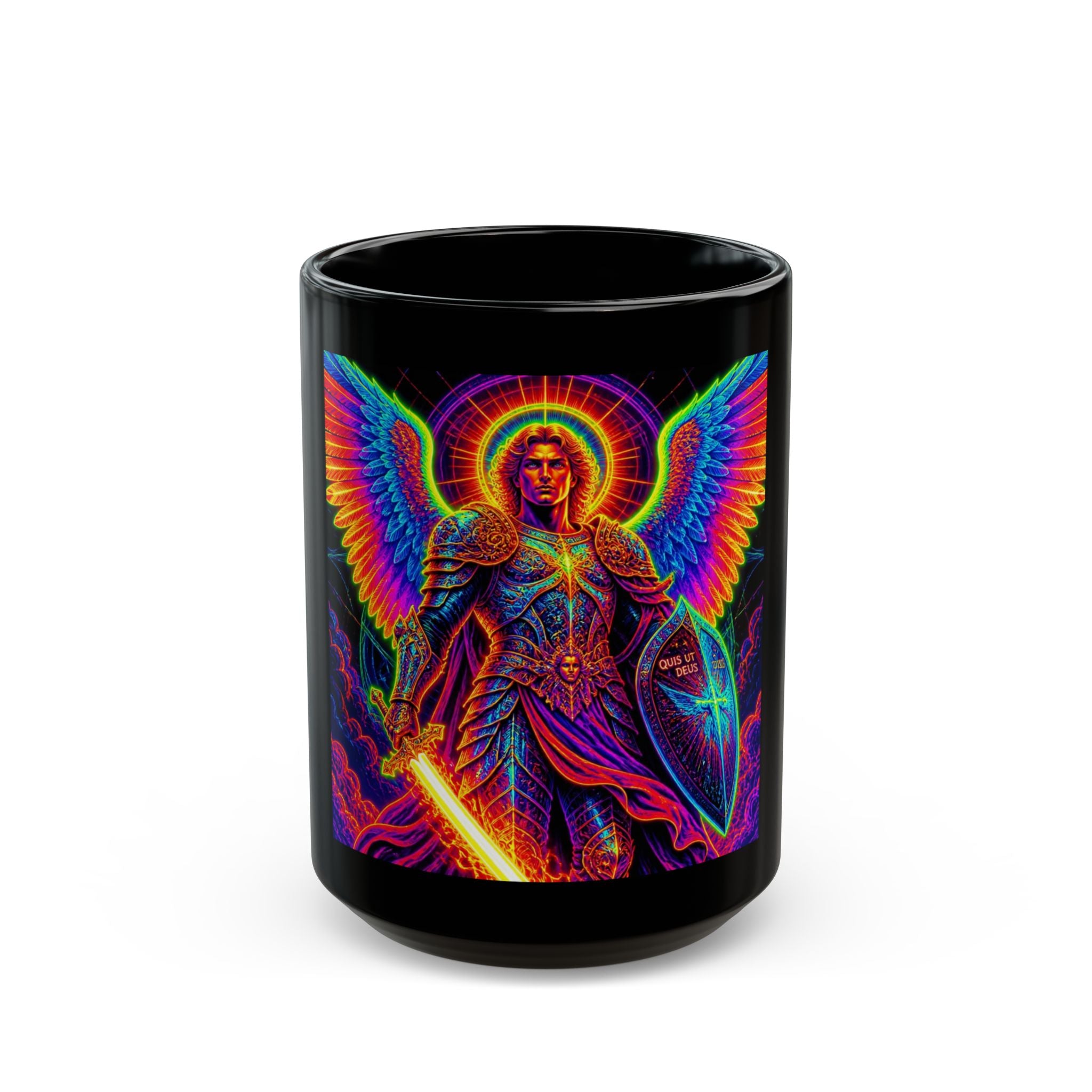 Angel Warrior Black Mug — Neon Archangel Coffee Cup (11oz/15oz)