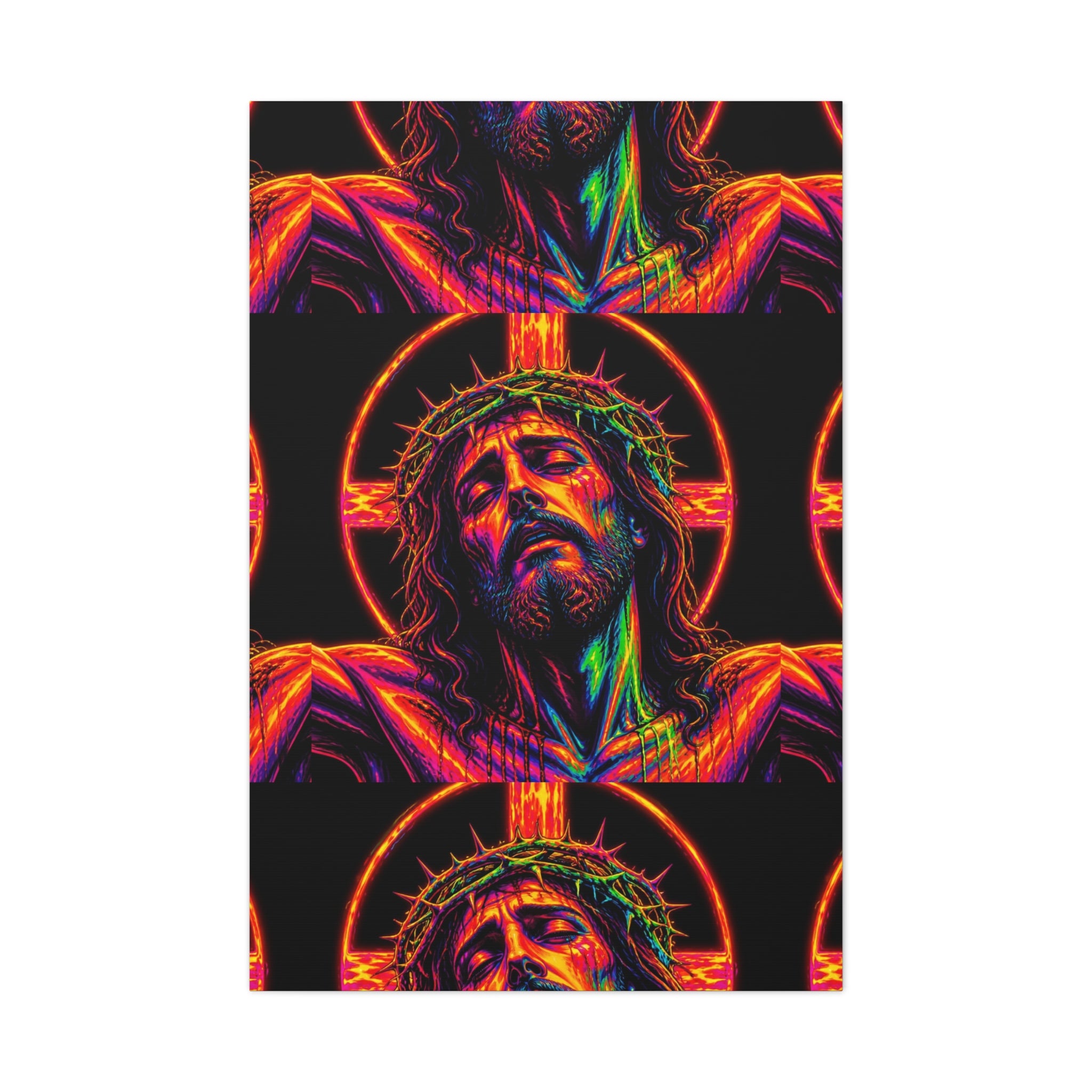Neon Christ Crucifix Canvas Print — Vibrant Religious Wall Art