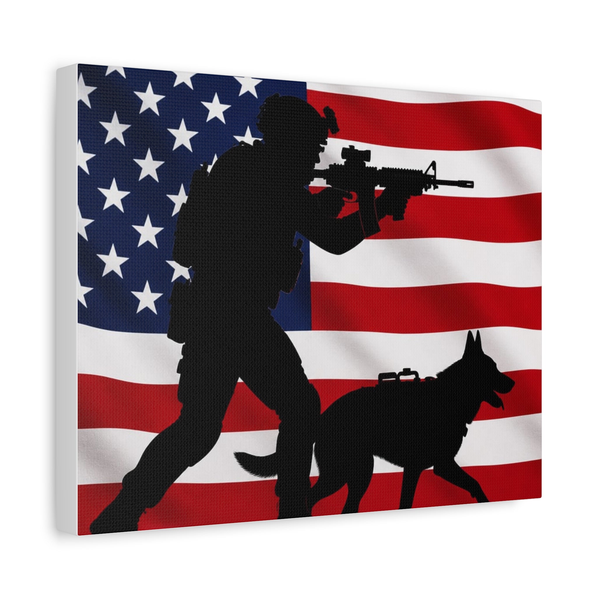 Patriotic Military K9 Canvas Wall Art — Soldier and Dog Silhouette with American Flag