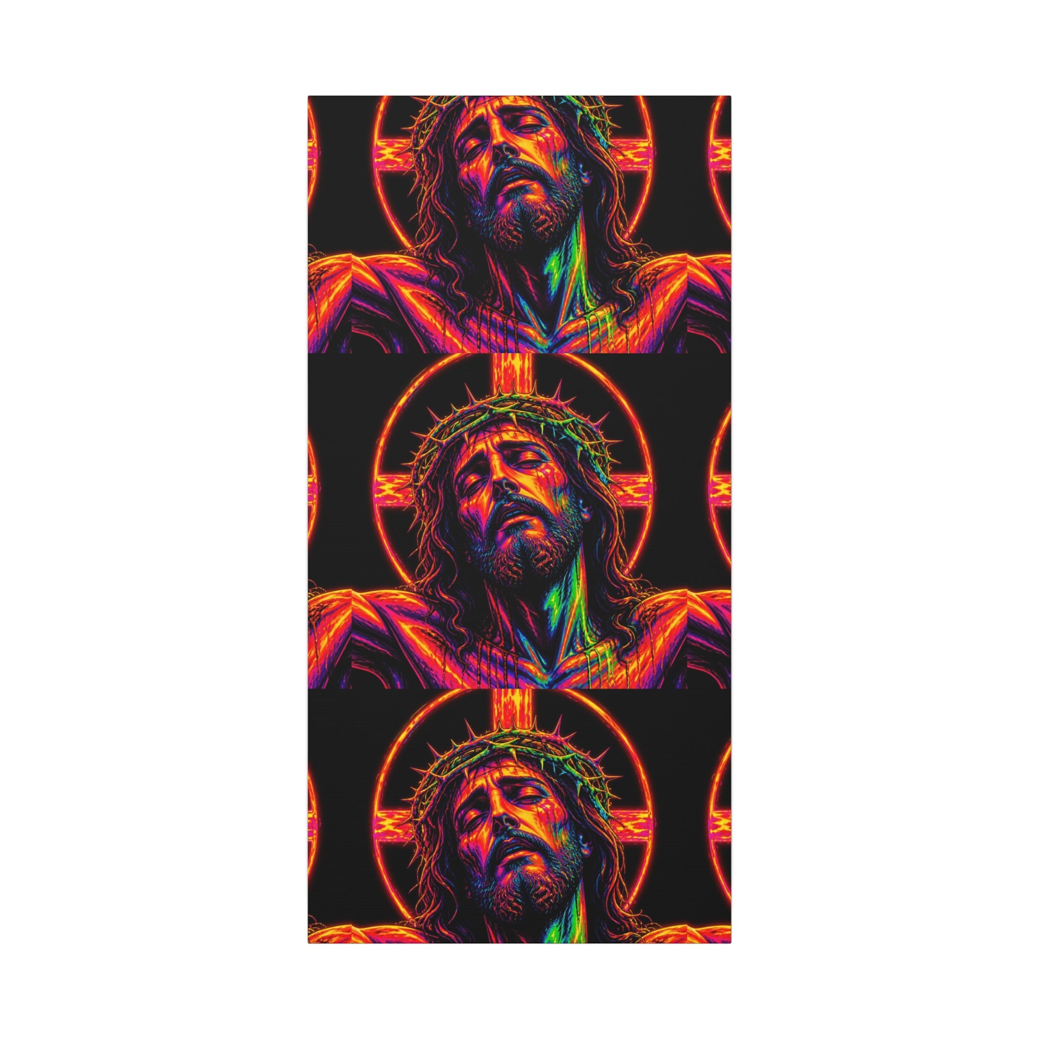 Neon Christ Crucifix Canvas Print — Vibrant Religious Wall Art