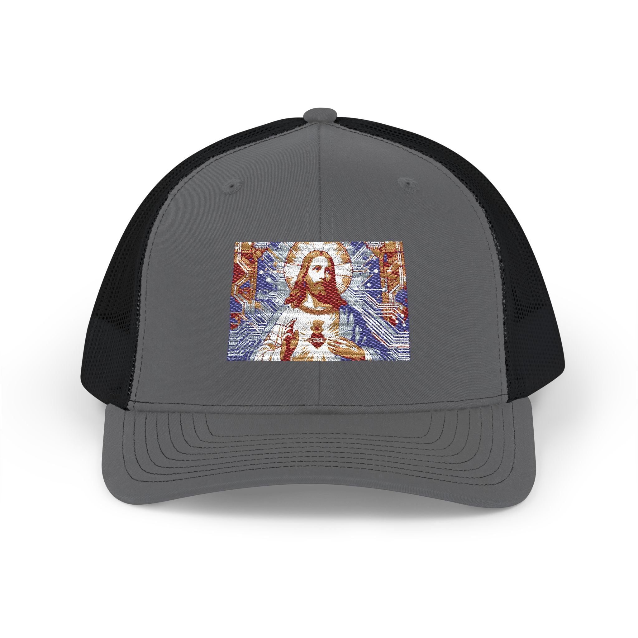 Religious Trucker Cap — Mosaic Sacred Heart Patch Snapback