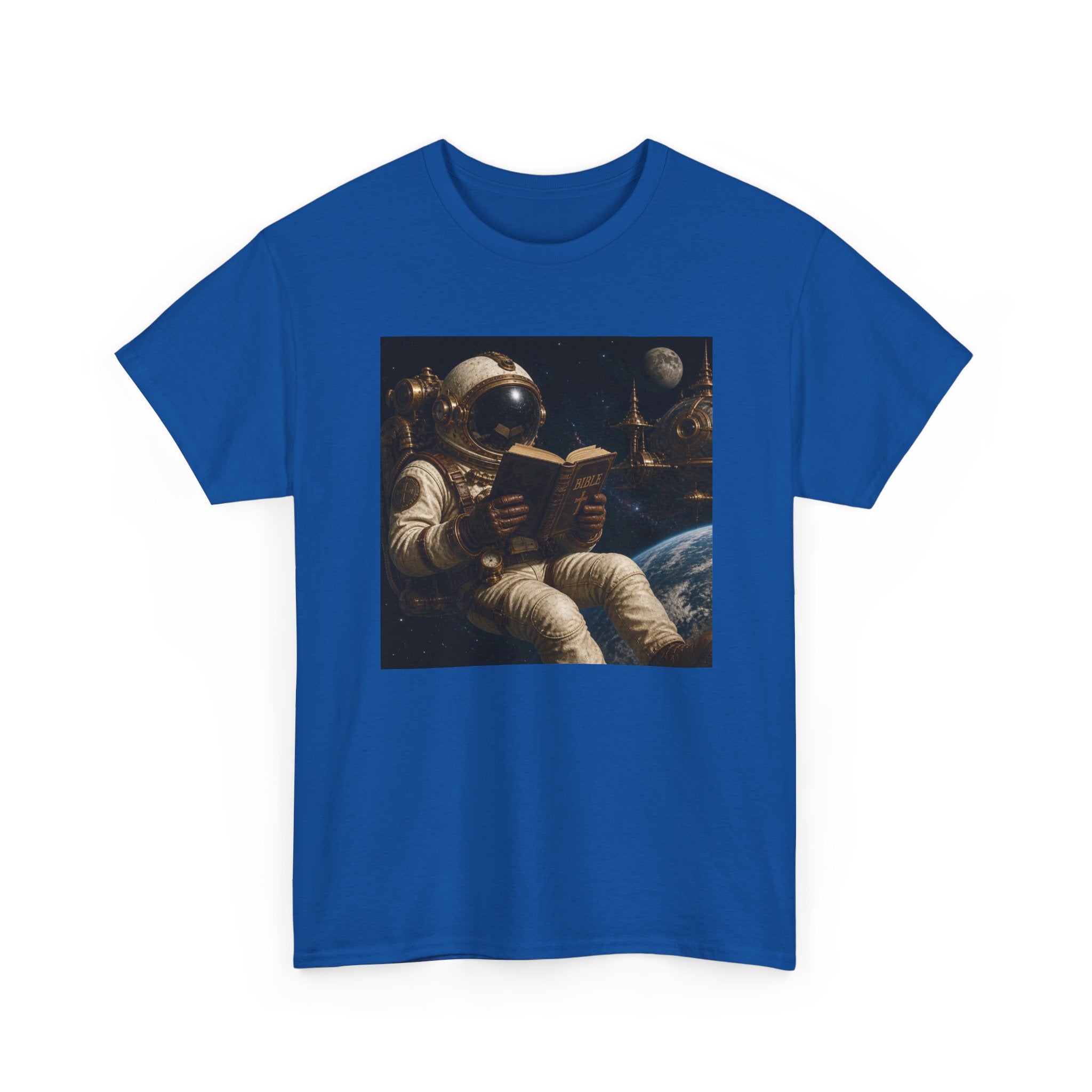 Astronaut Reading Graphic Tee — Spacebook Retro Sci‑Fi T-Shirt - Steampunk