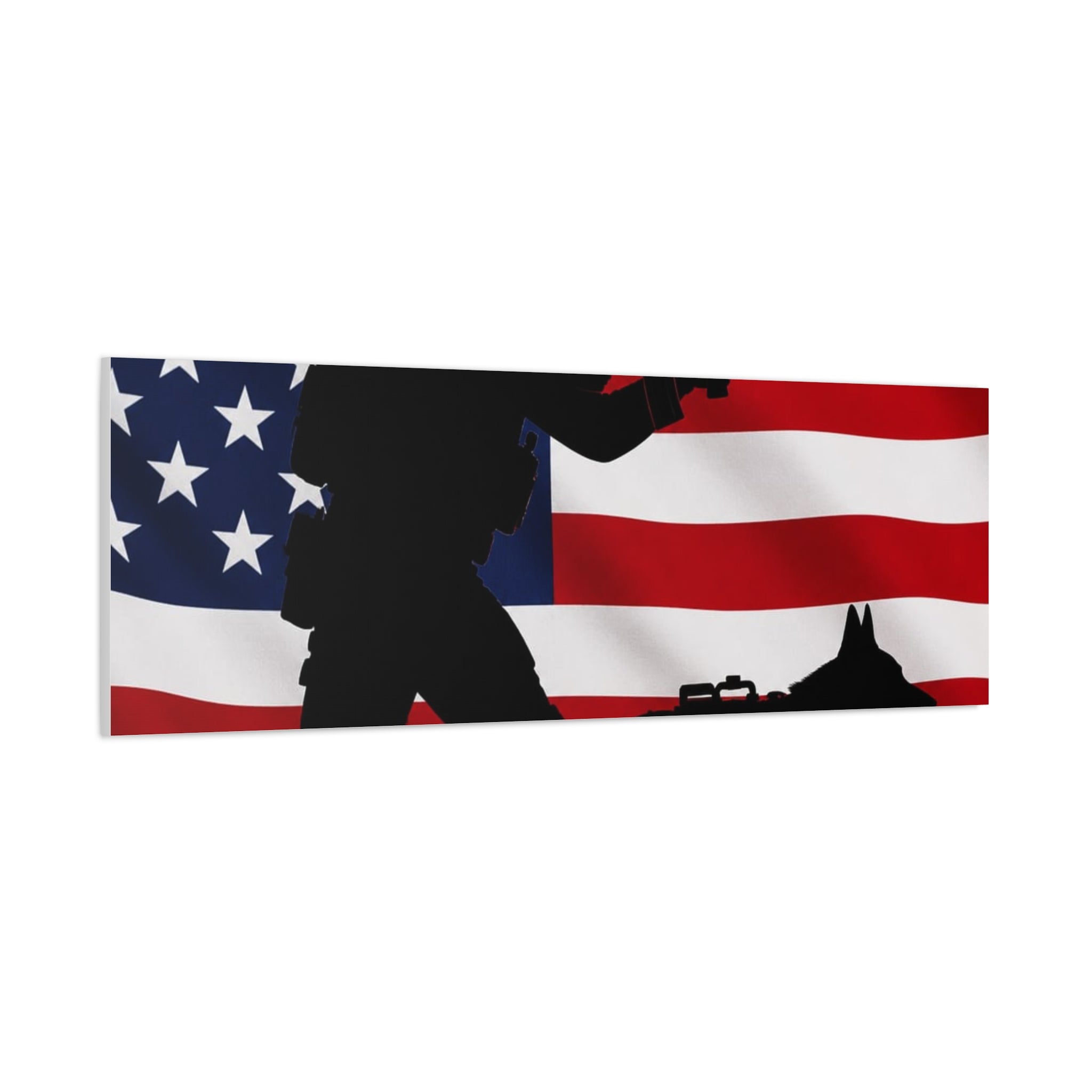 Patriotic Military K9 Canvas Wall Art — Soldier and Dog Silhouette with American Flag
