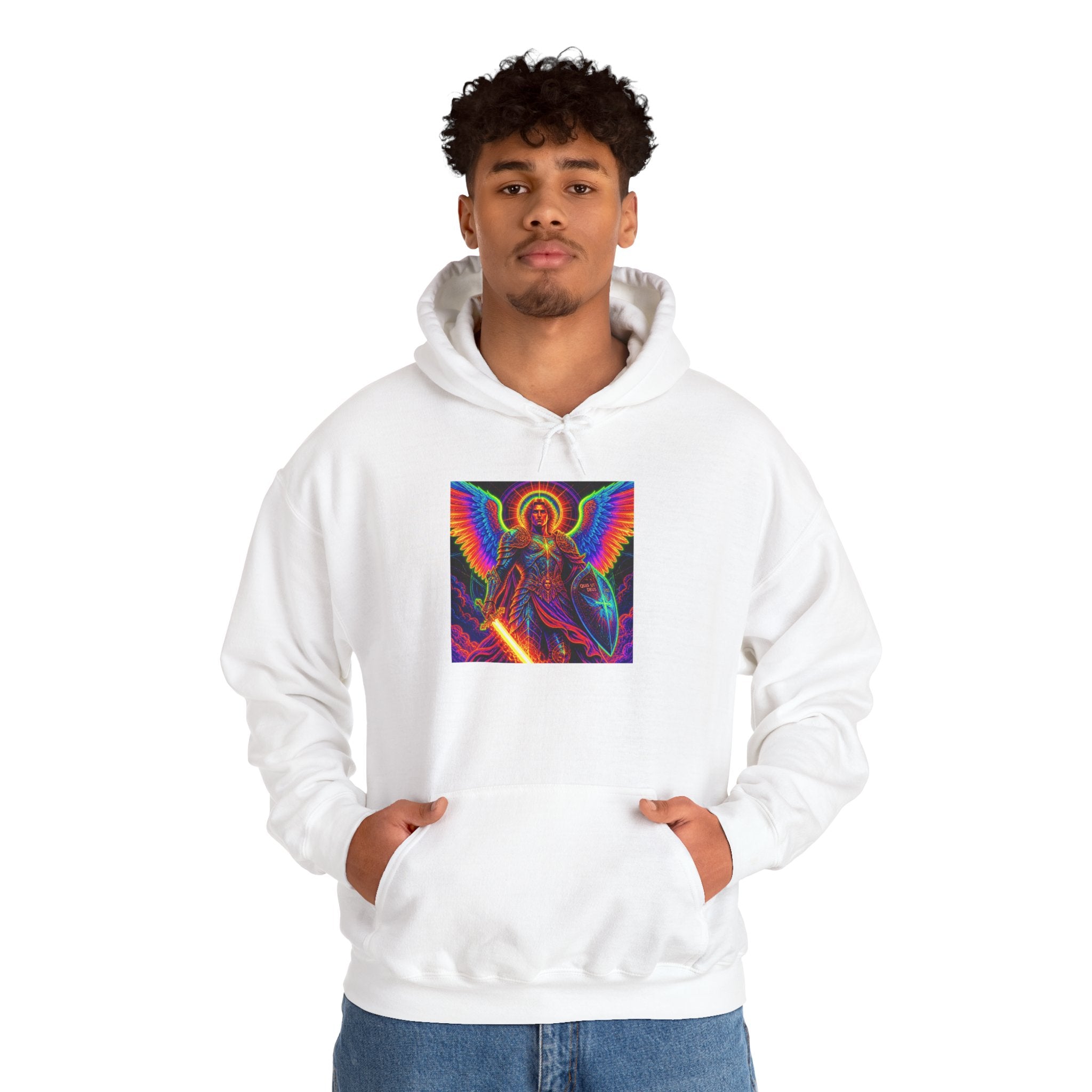 Psychedelic Angel Hoodie — Neon Rainbow Guardian Graphic Sweatshirt