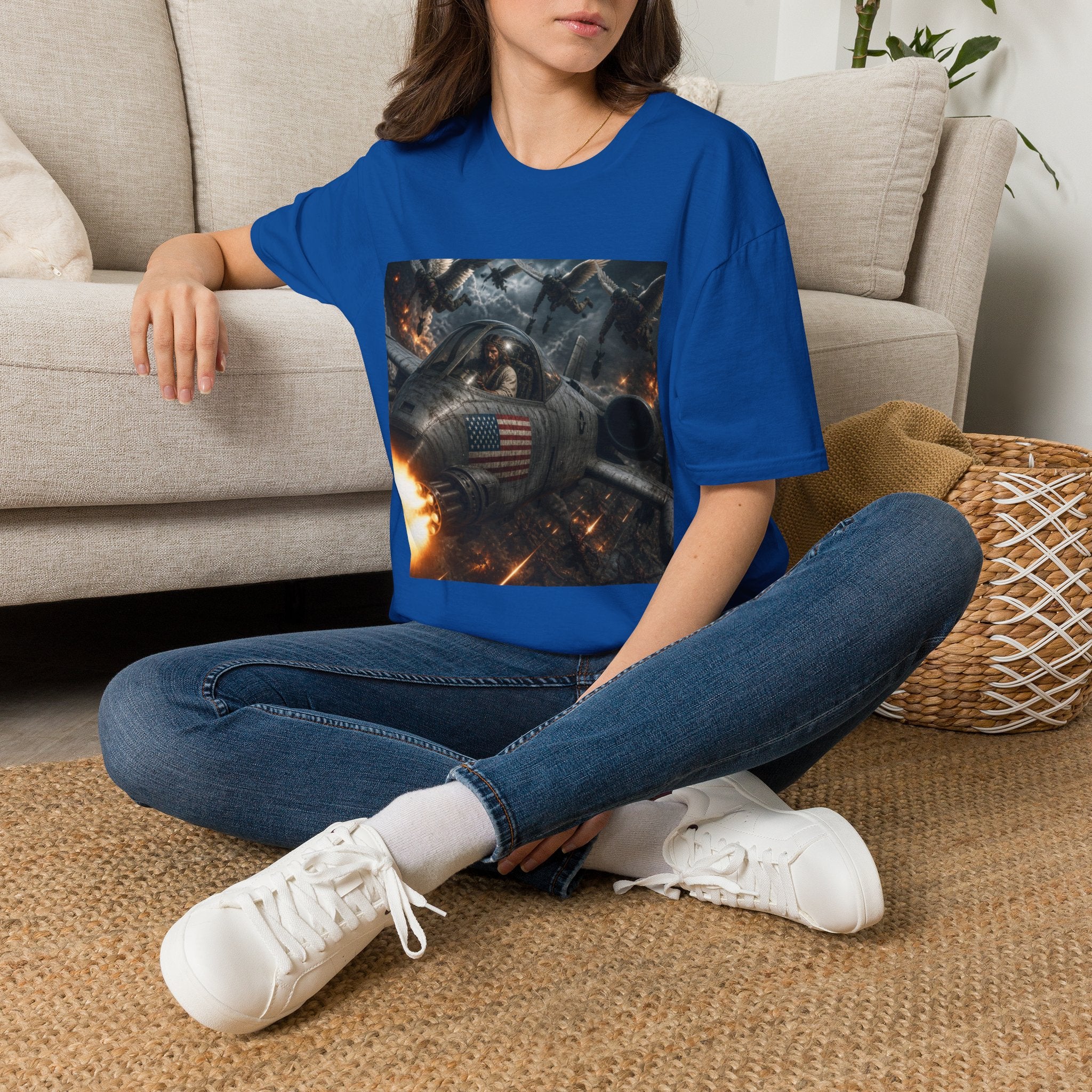Jesus Military Pilot T‑Shirt — Vintage Jetfighter Scene with American Flag