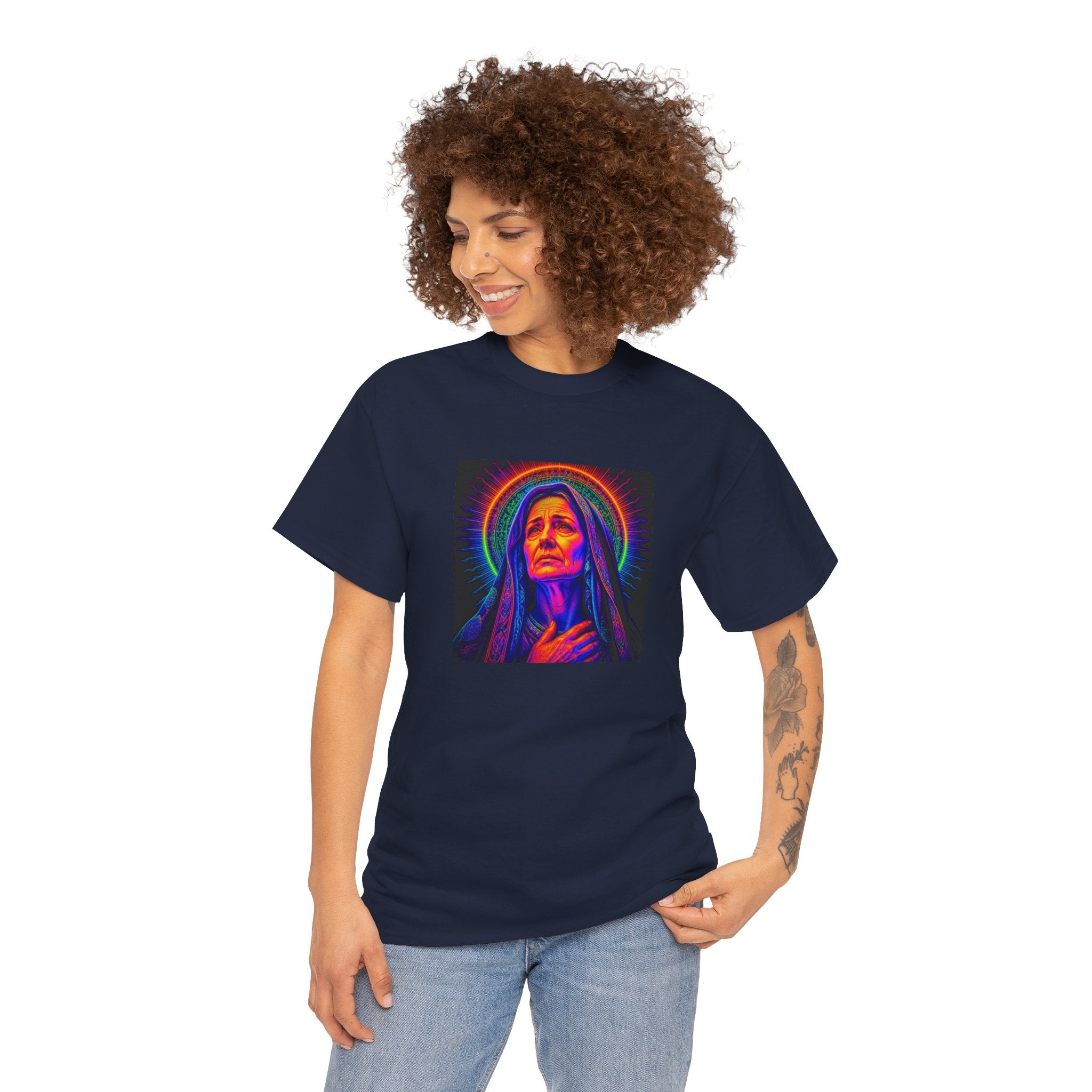 T-Shirt — Neon Madonna Portrait Graphic Tee Mother of Christ