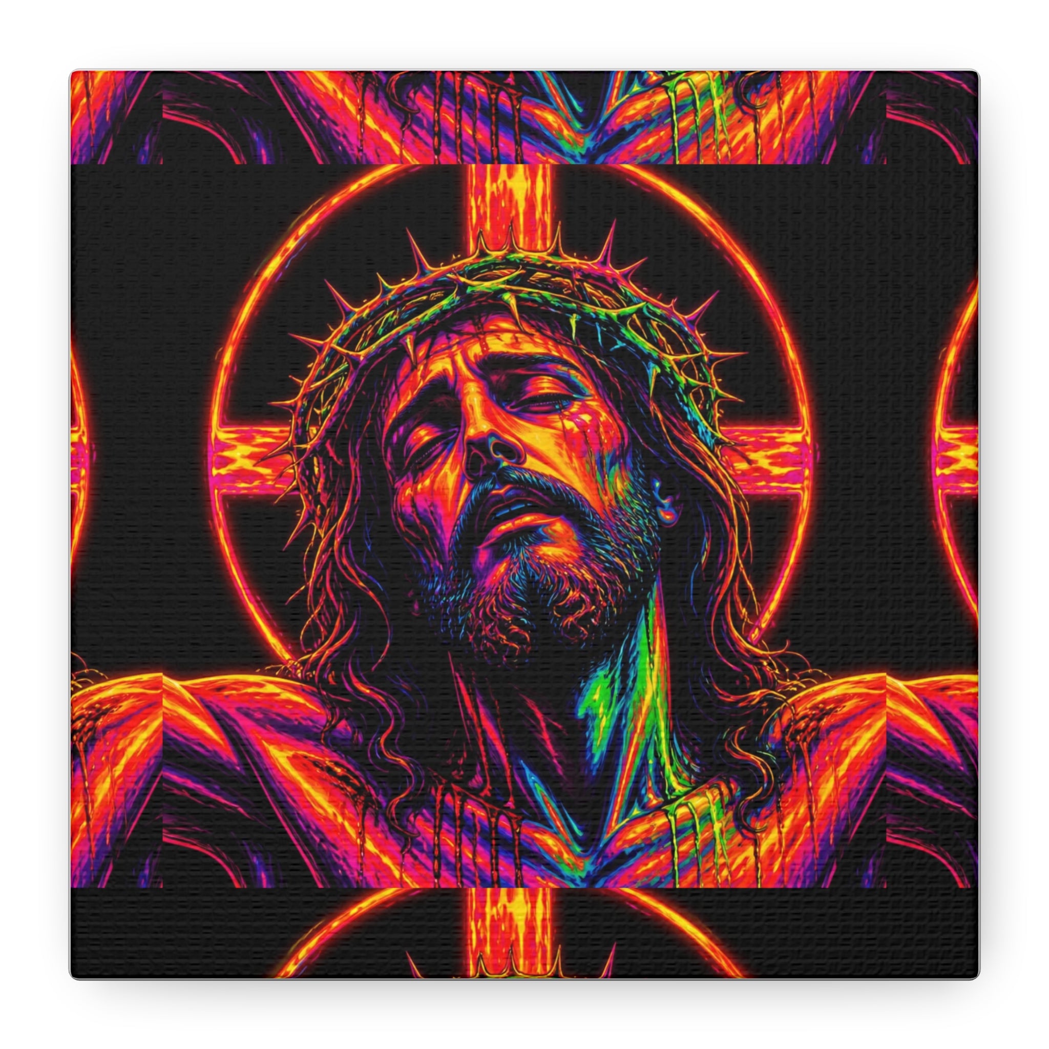 Neon Christ Crucifix Canvas Print — Vibrant Religious Wall Art