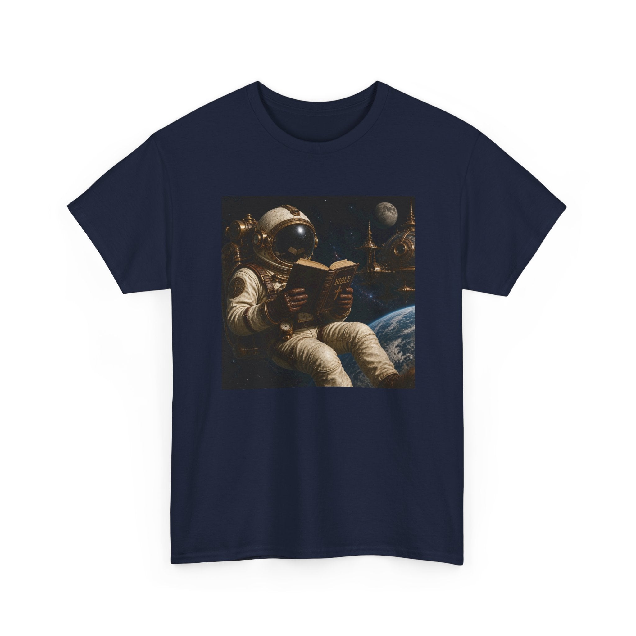 Astronaut Reading Graphic Tee — Spacebook Retro Sci‑Fi T-Shirt - Steampunk
