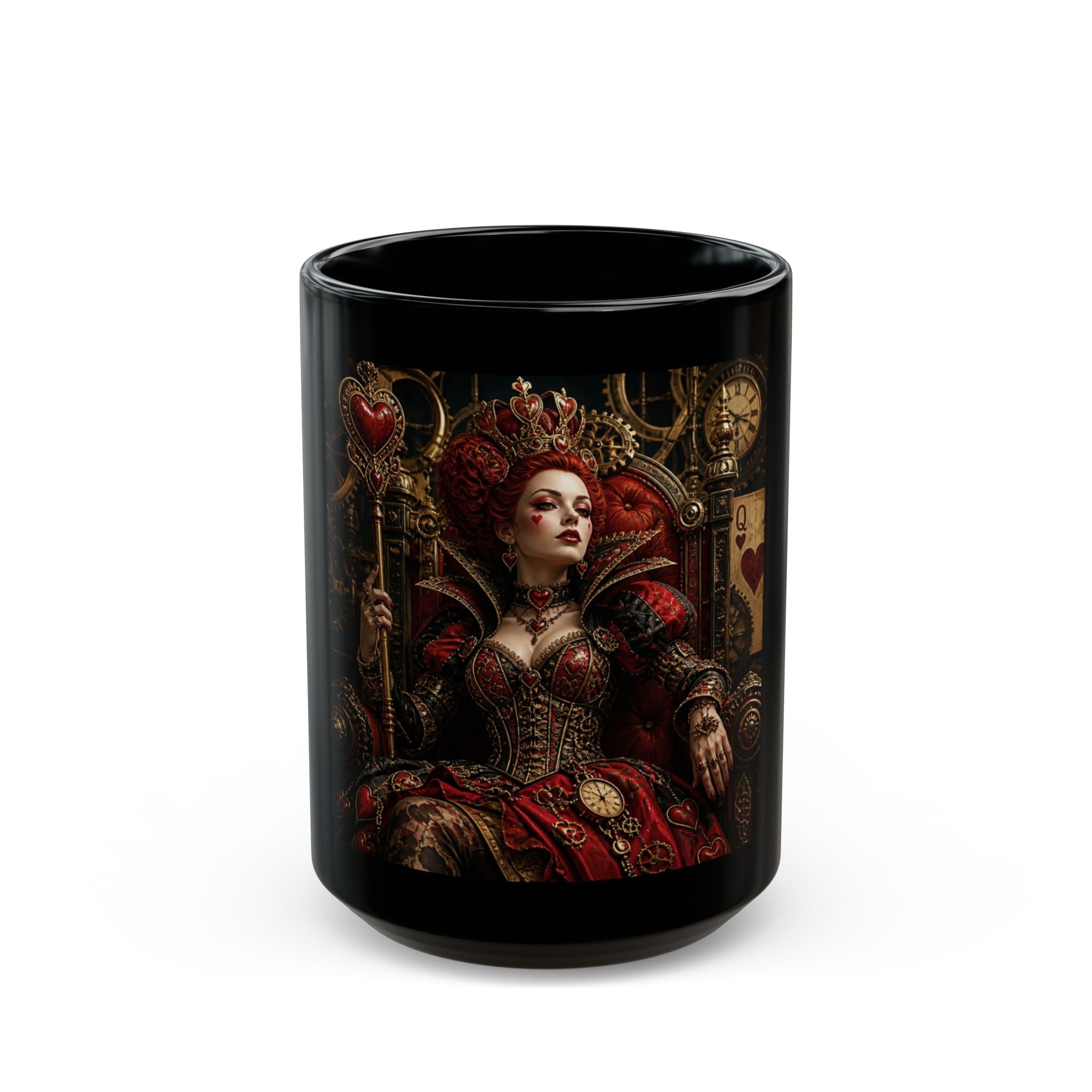 Queen of Hearts Gothic  Steampunk Art Mug — Dark Fantasy Black Ceramic Coffee Cup (11oz/15oz)