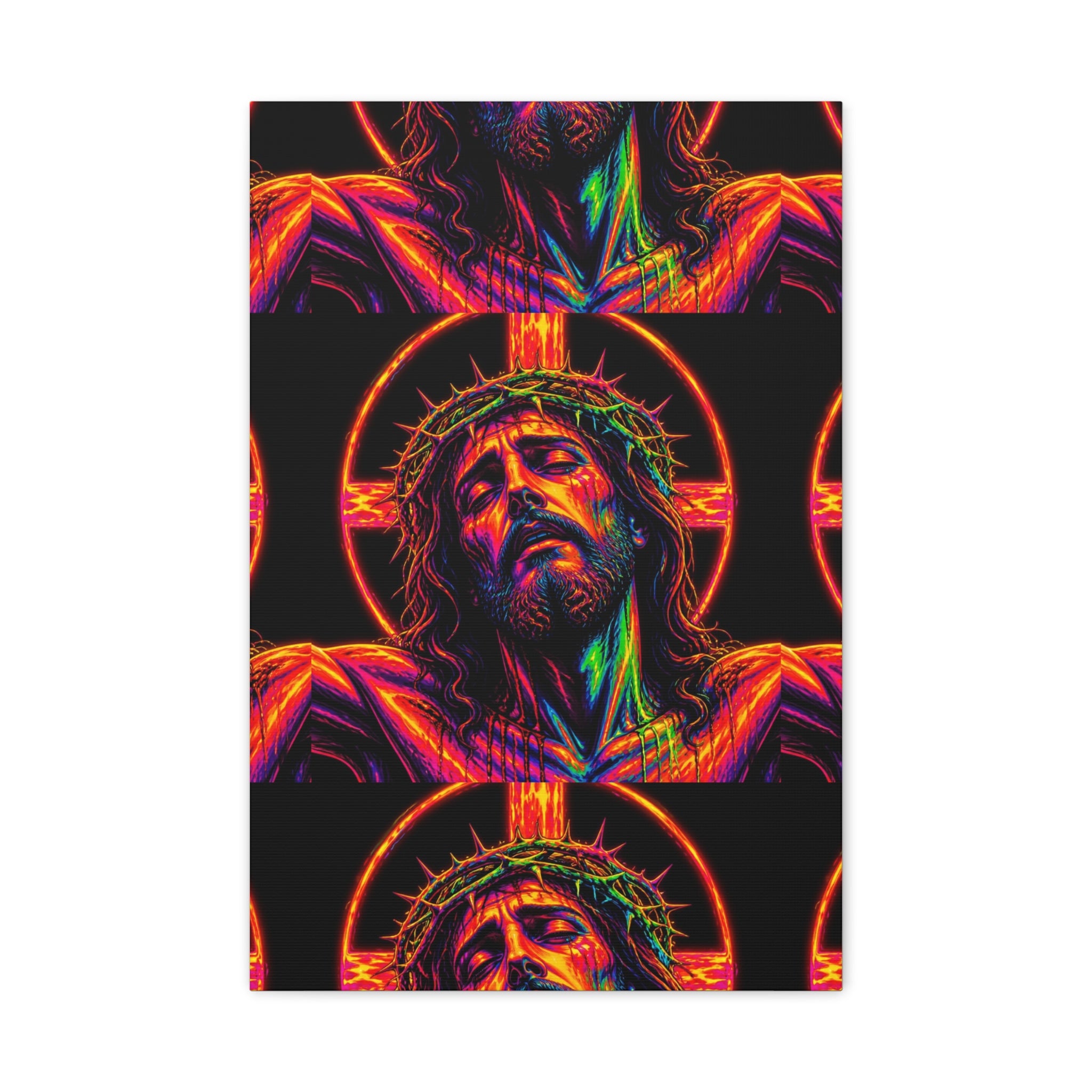 Neon Christ Crucifix Canvas Print — Vibrant Religious Wall Art