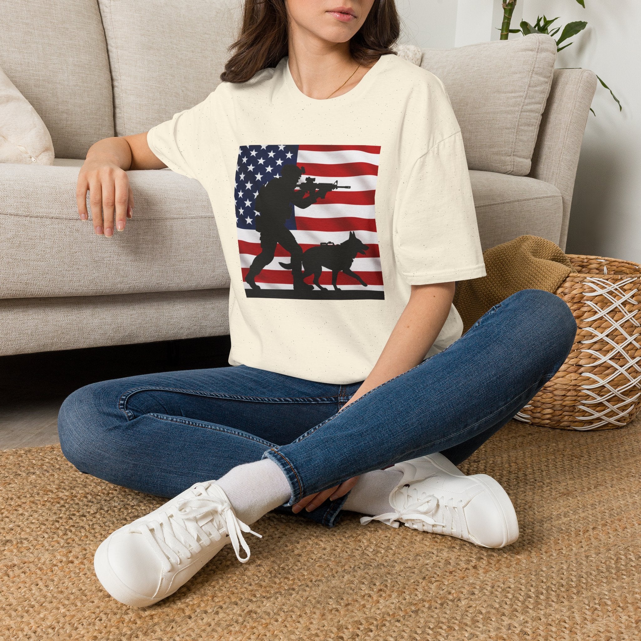Patriotic K9 Handler T-Shirt — American Flag Soldier with Dog Graphic