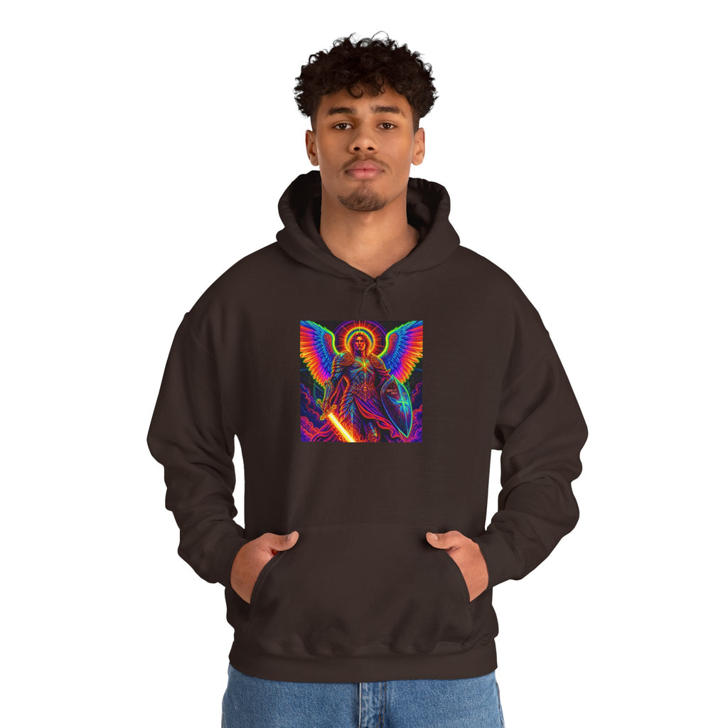 Psychedelic Angel Hoodie — Neon Rainbow Guardian Graphic Sweatshirt