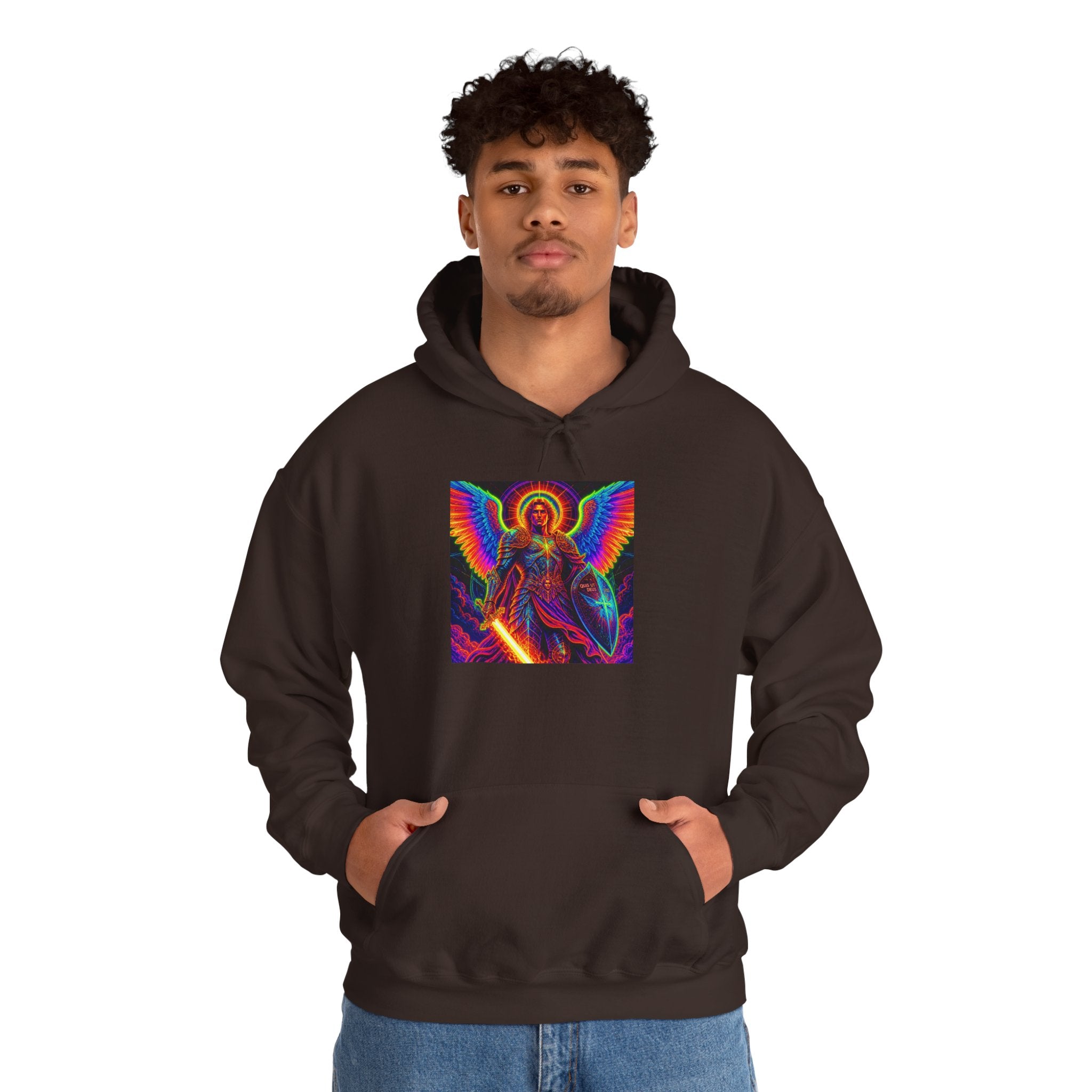 Psychedelic Angel Hoodie — Neon Rainbow Guardian Graphic Sweatshirt