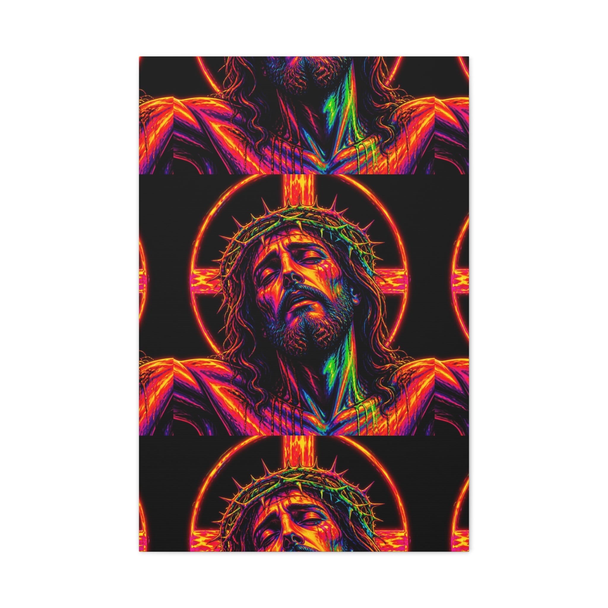 Neon Christ Crucifix Canvas Print — Vibrant Religious Wall Art