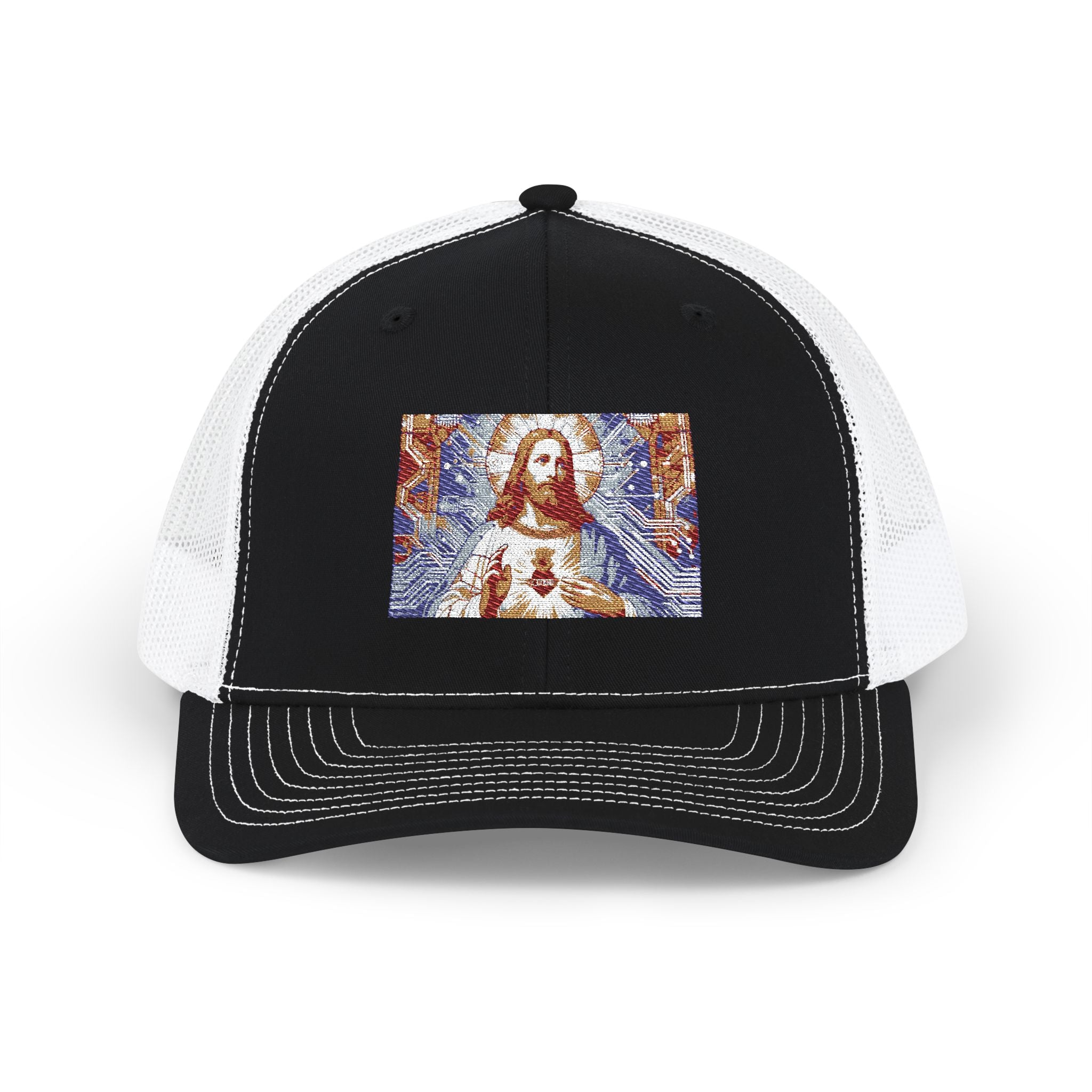Religious Trucker Cap — Mosaic Sacred Heart Patch Snapback