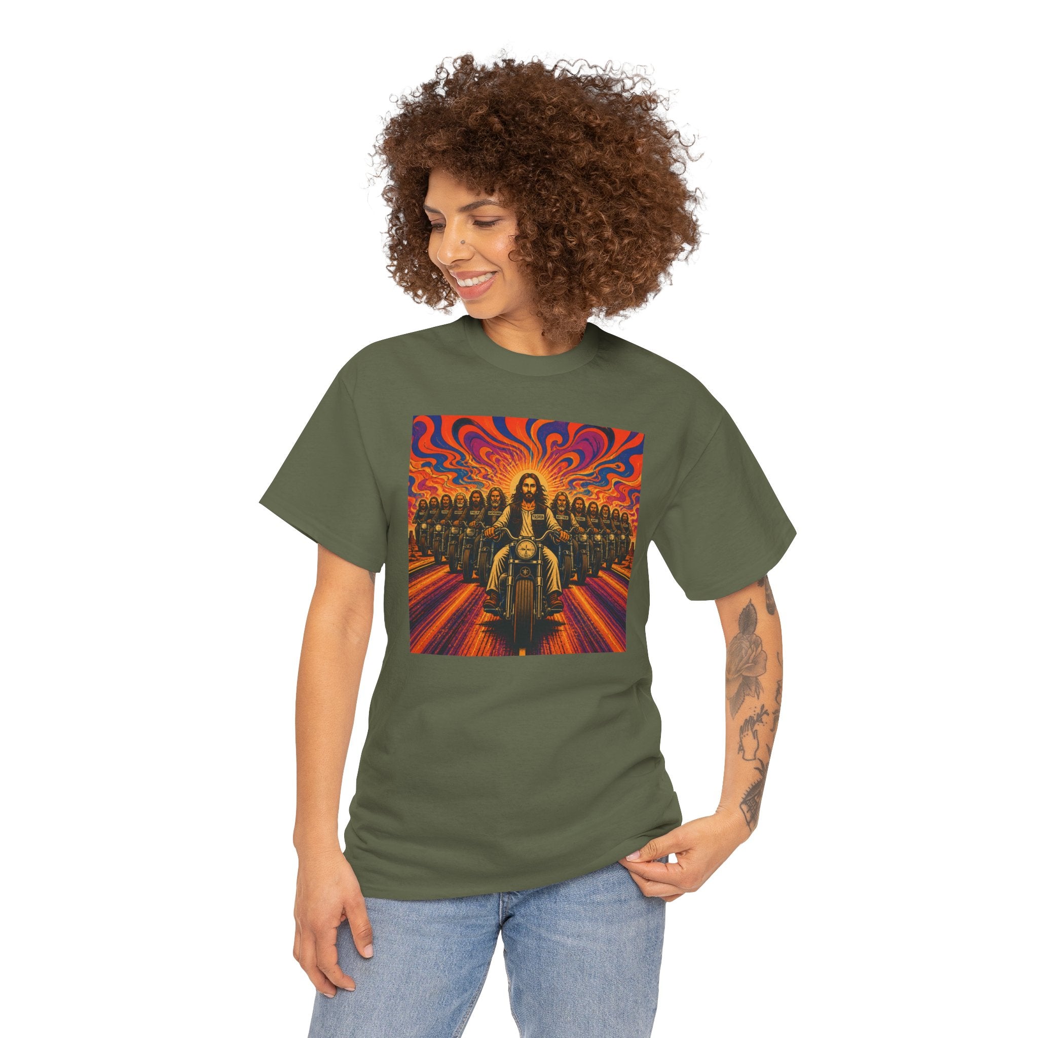 Psychedelic Yashua/Jesus Biker Crew T-Shirt — Retro Jesus Motorcycle Rider Graphic Tee