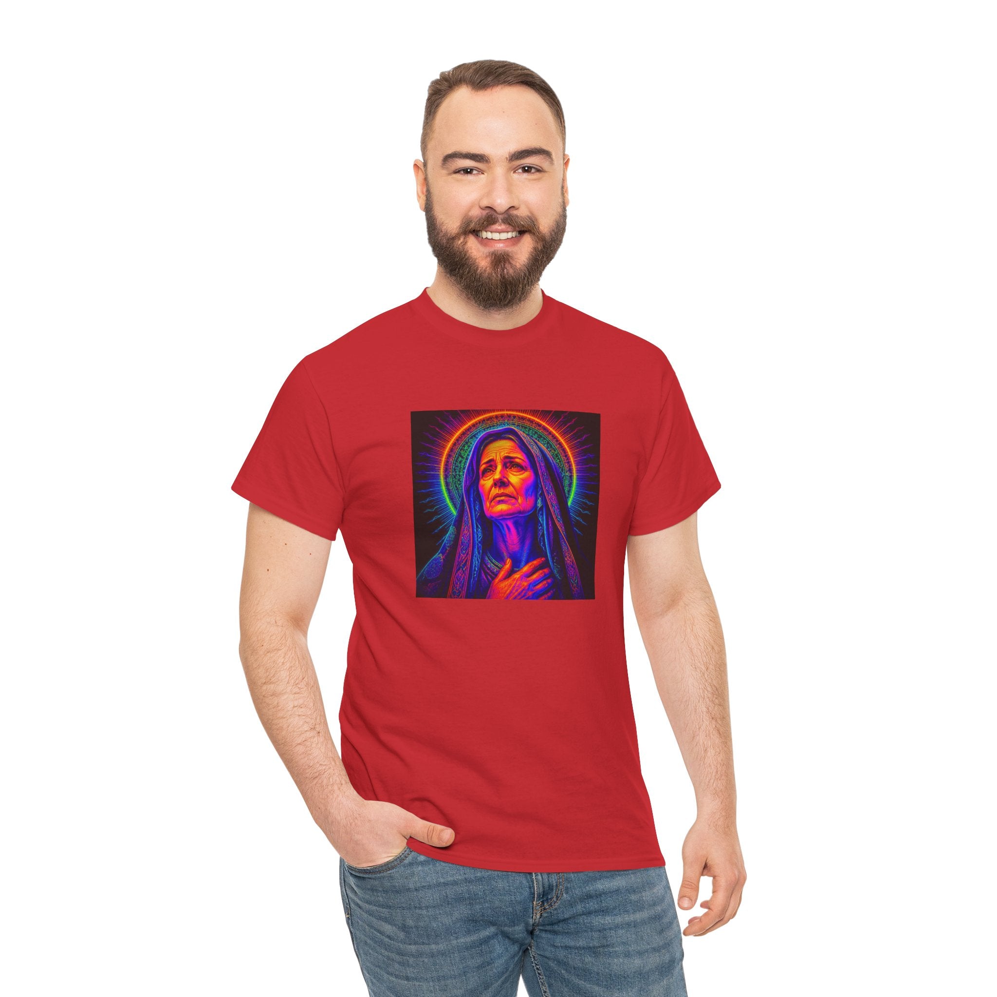 T-Shirt — Neon Madonna Portrait Graphic Tee Mother of Christ