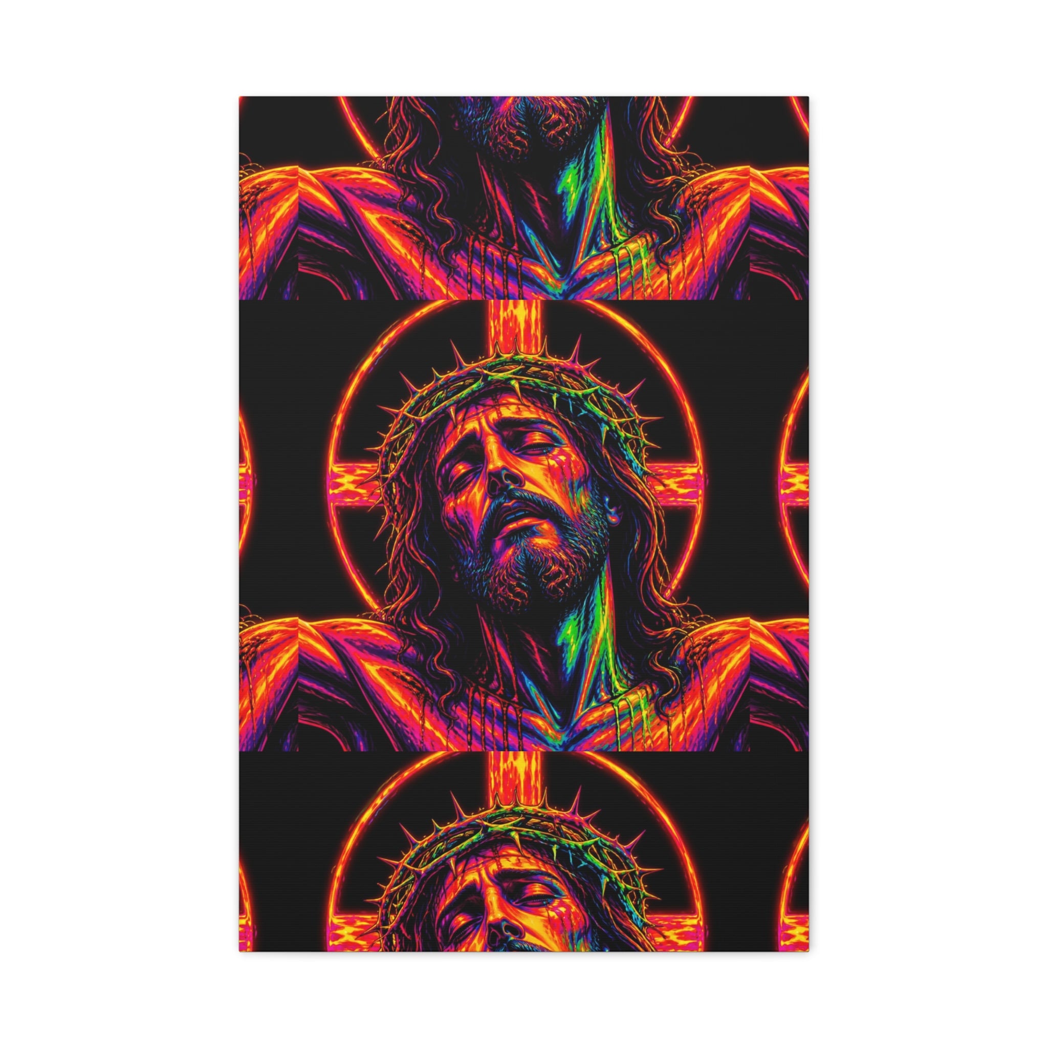 Neon Christ Crucifix Canvas Print — Vibrant Religious Wall Art