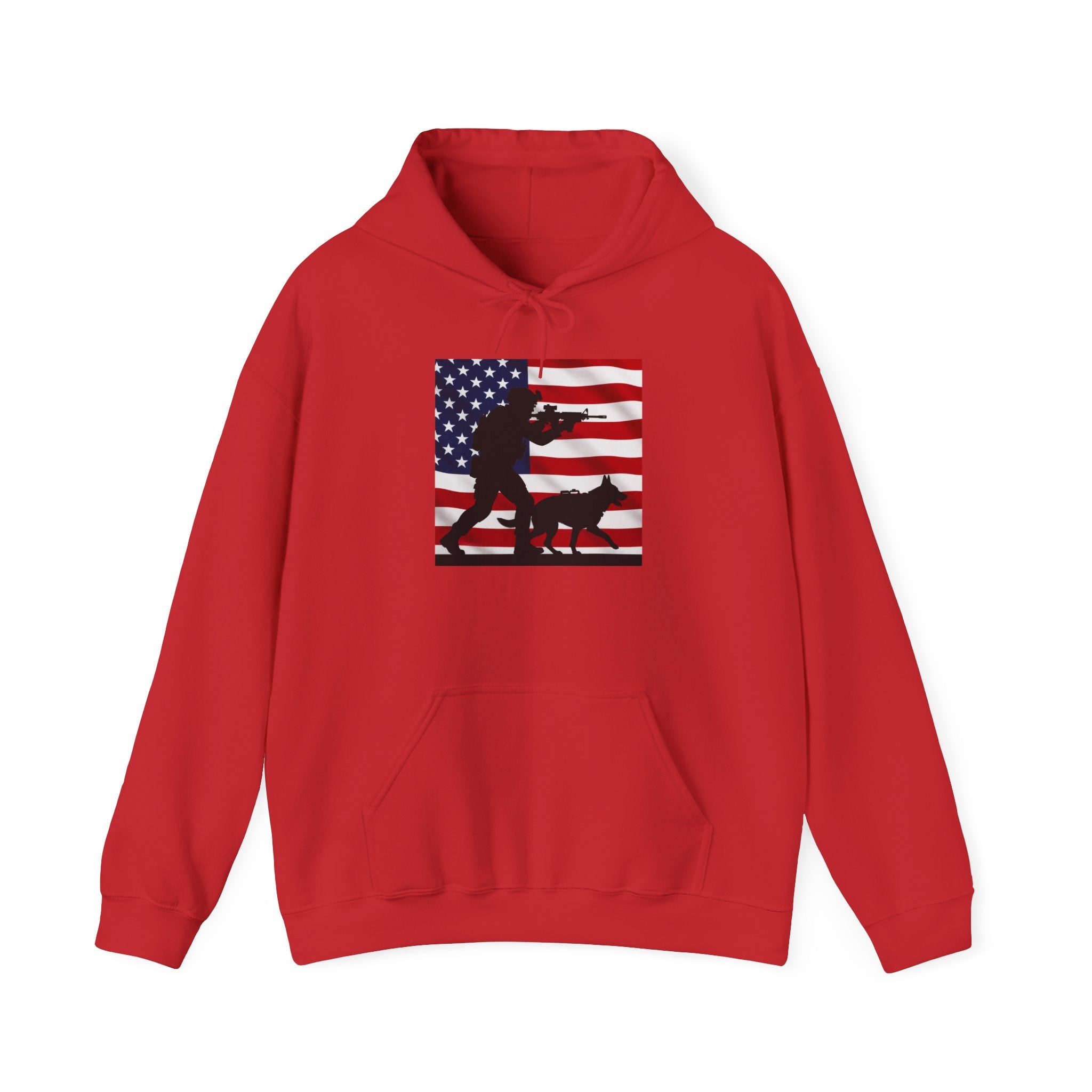 American K9 Handler Hoodie — US Flag Dog Silhouette Patriotic Sweatshirt