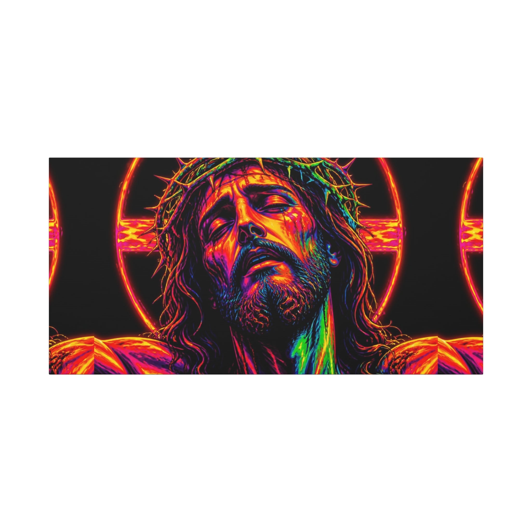 Neon Christ Crucifix Canvas Print — Vibrant Religious Wall Art