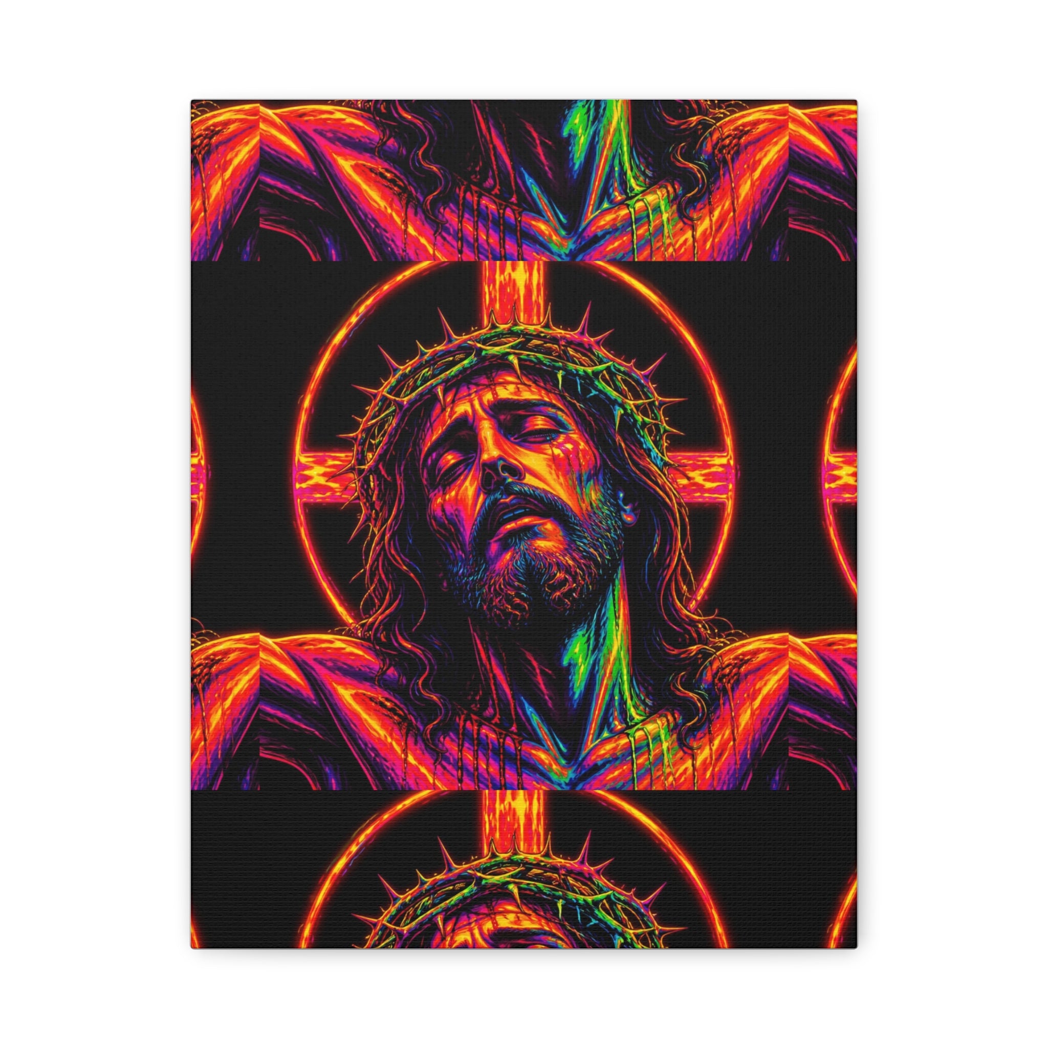Neon Christ Crucifix Canvas Print — Vibrant Religious Wall Art