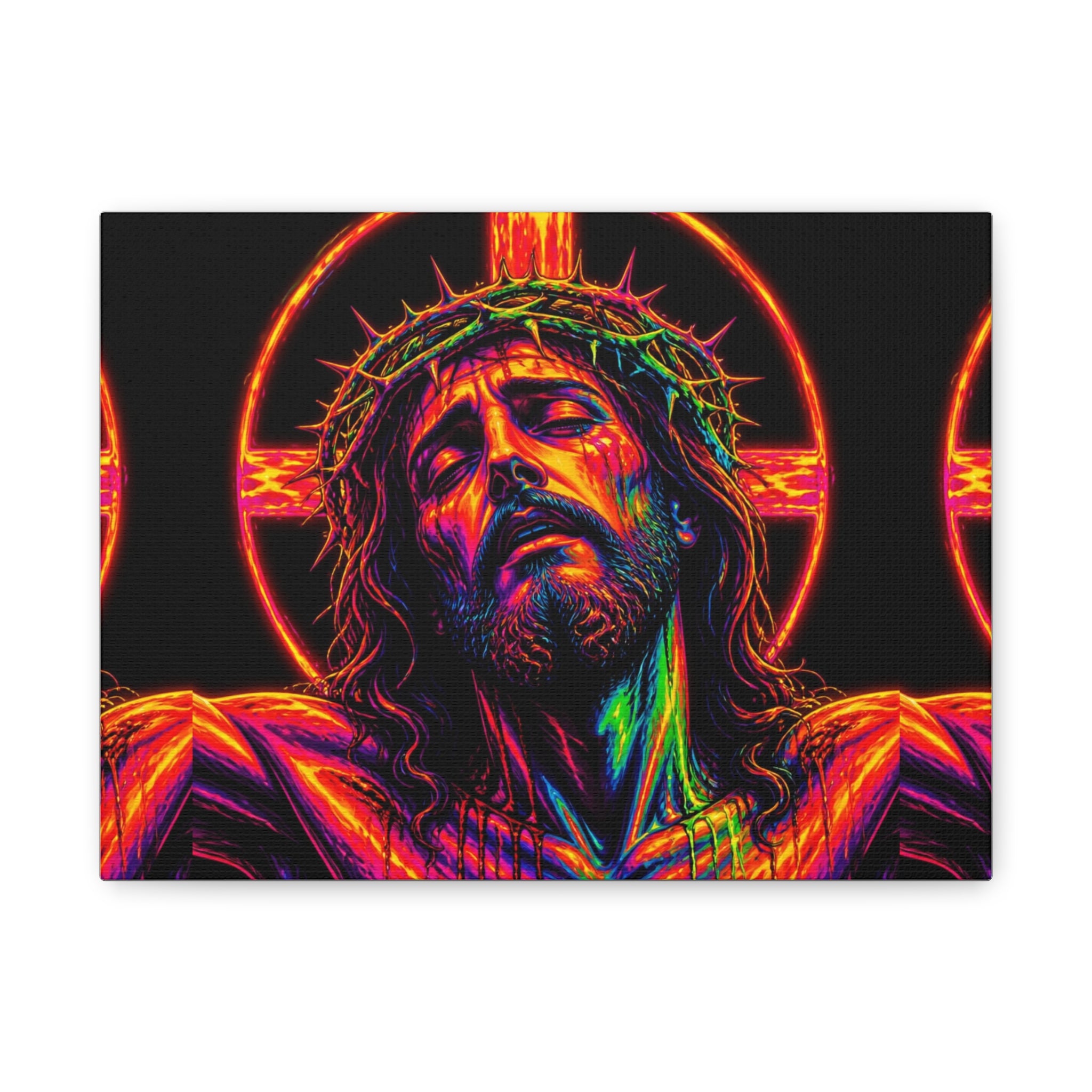 Neon Christ Crucifix Canvas Print — Vibrant Religious Wall Art