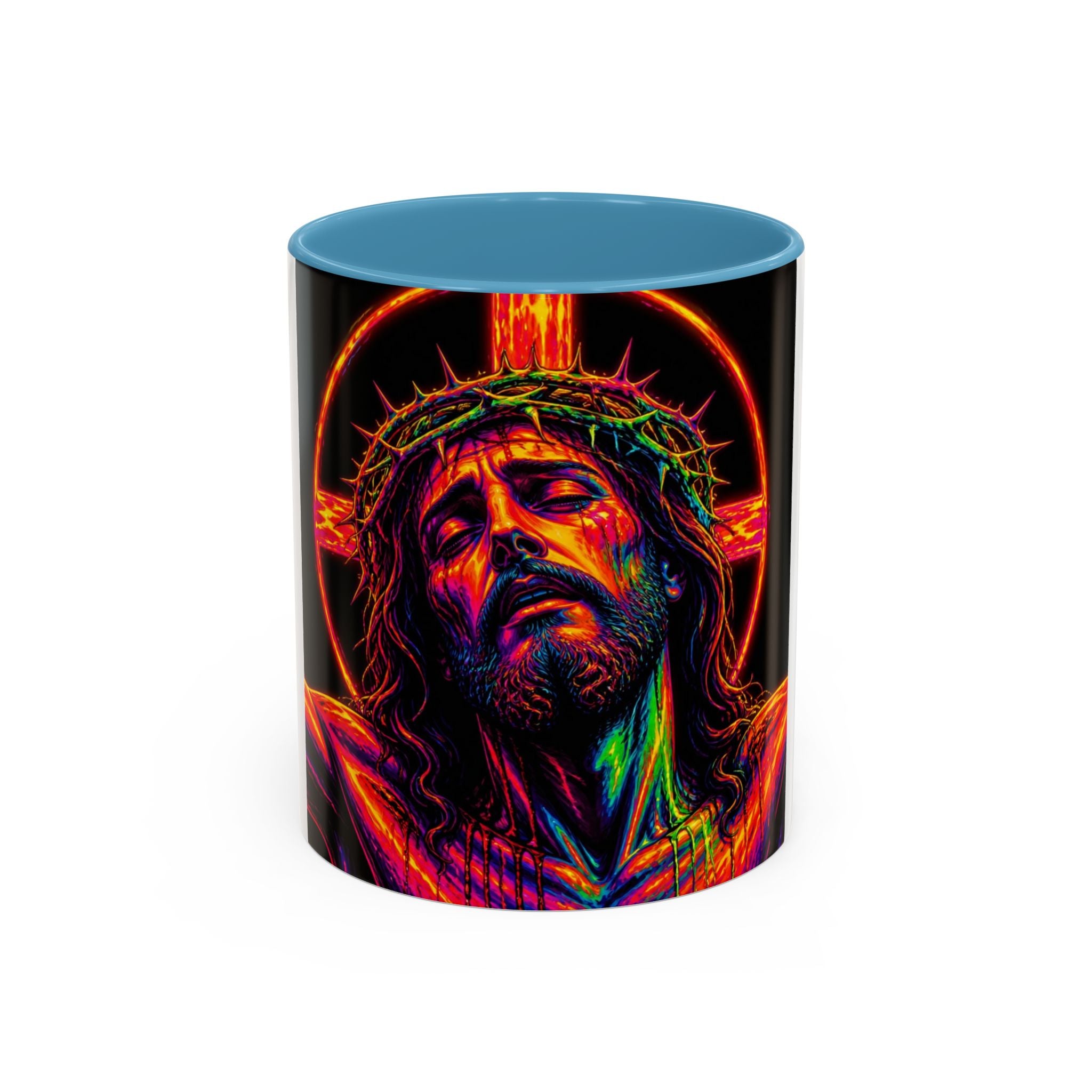 Jesus Christ Neon Portrait Coffee Mug — Colorful Crucifixion Accent Mug (11/15oz)
