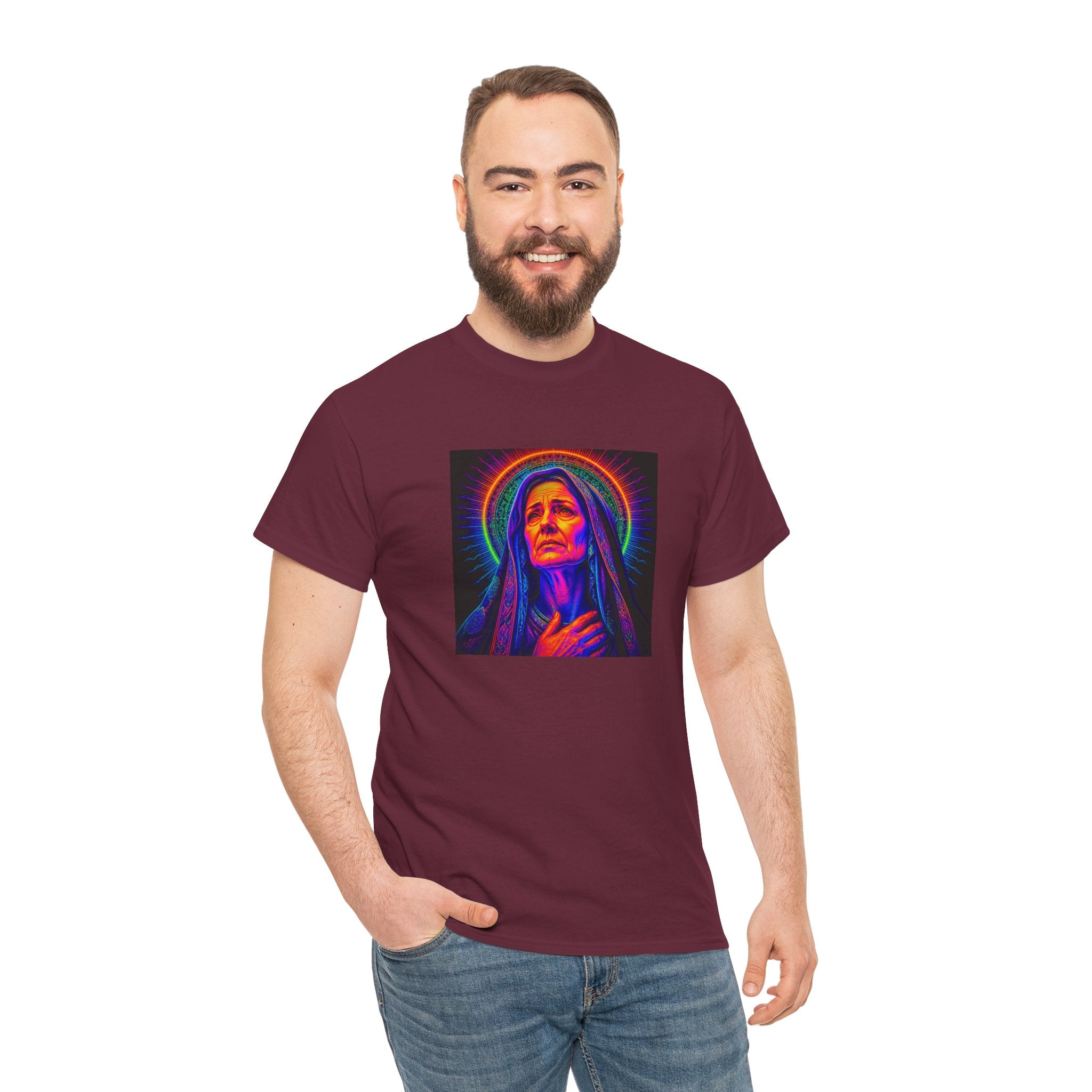T-Shirt — Neon Madonna Portrait Graphic Tee Mother of Christ