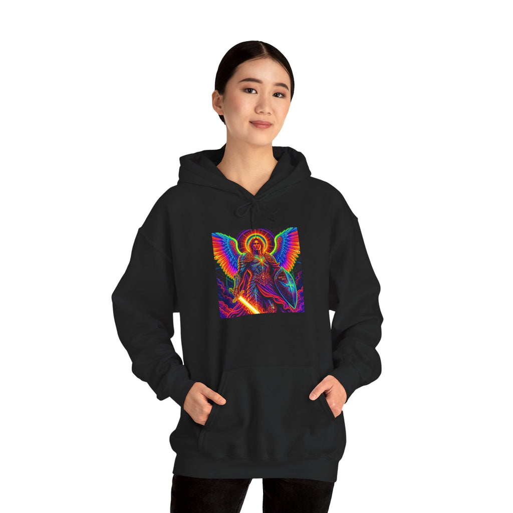 Psychedelic Angel Hoodie — Neon Rainbow Guardian Graphic Sweatshirt