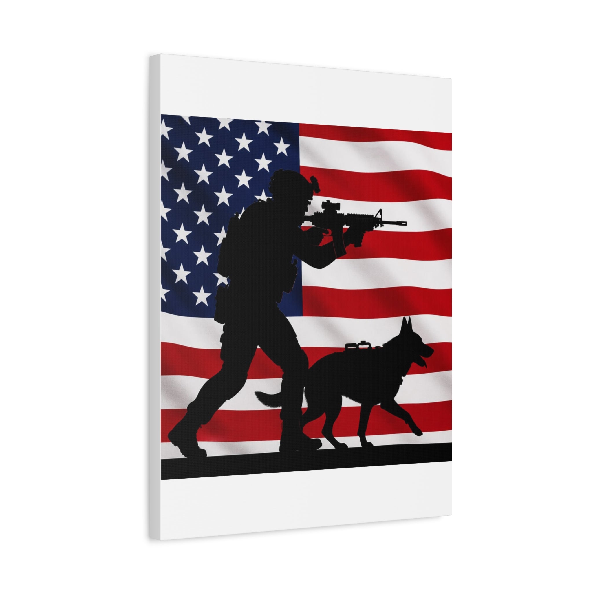 Patriotic Military K9 Canvas Wall Art — Soldier and Dog Silhouette with American Flag