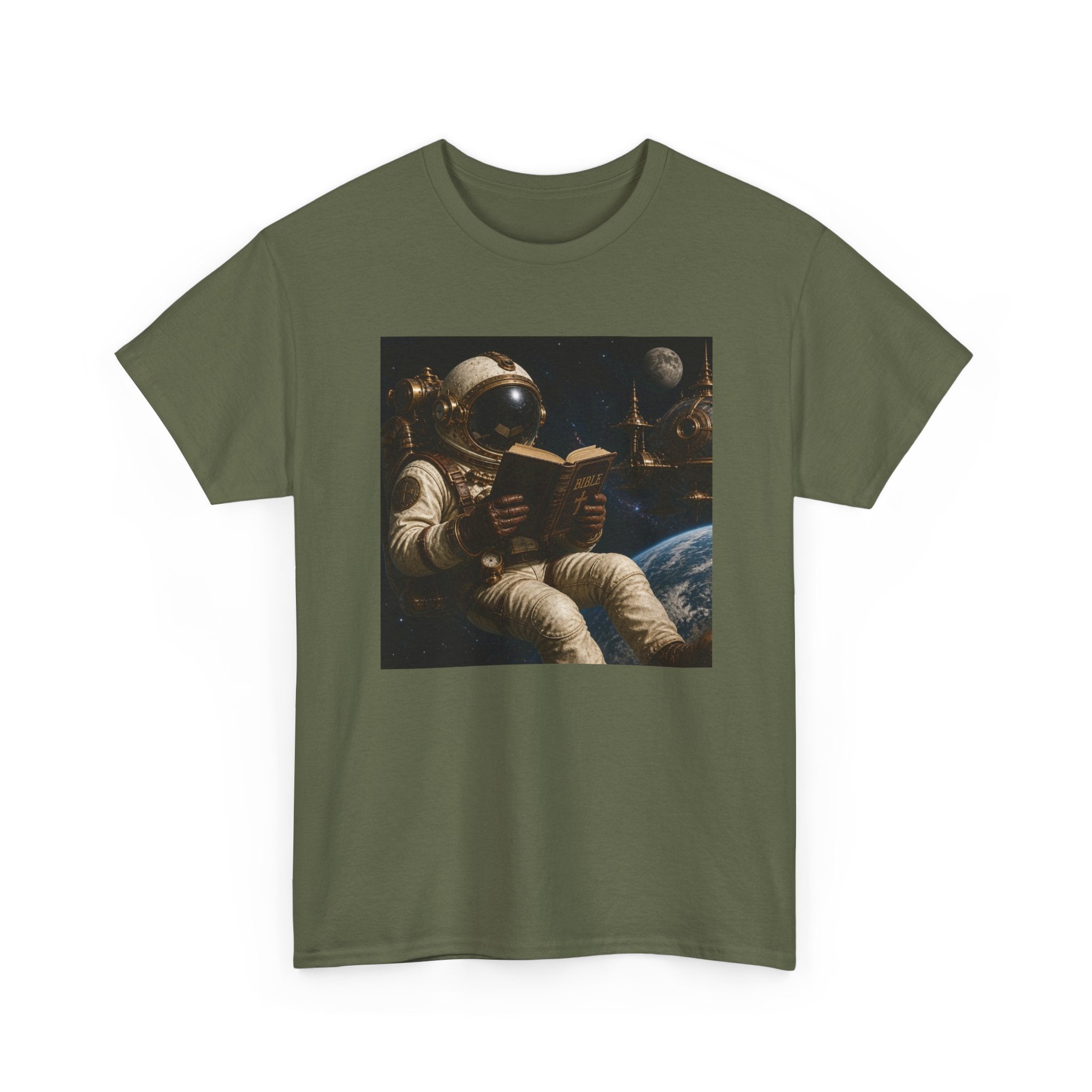 Astronaut Reading Graphic Tee — Spacebook Retro Sci‑Fi T-Shirt - Steampunk