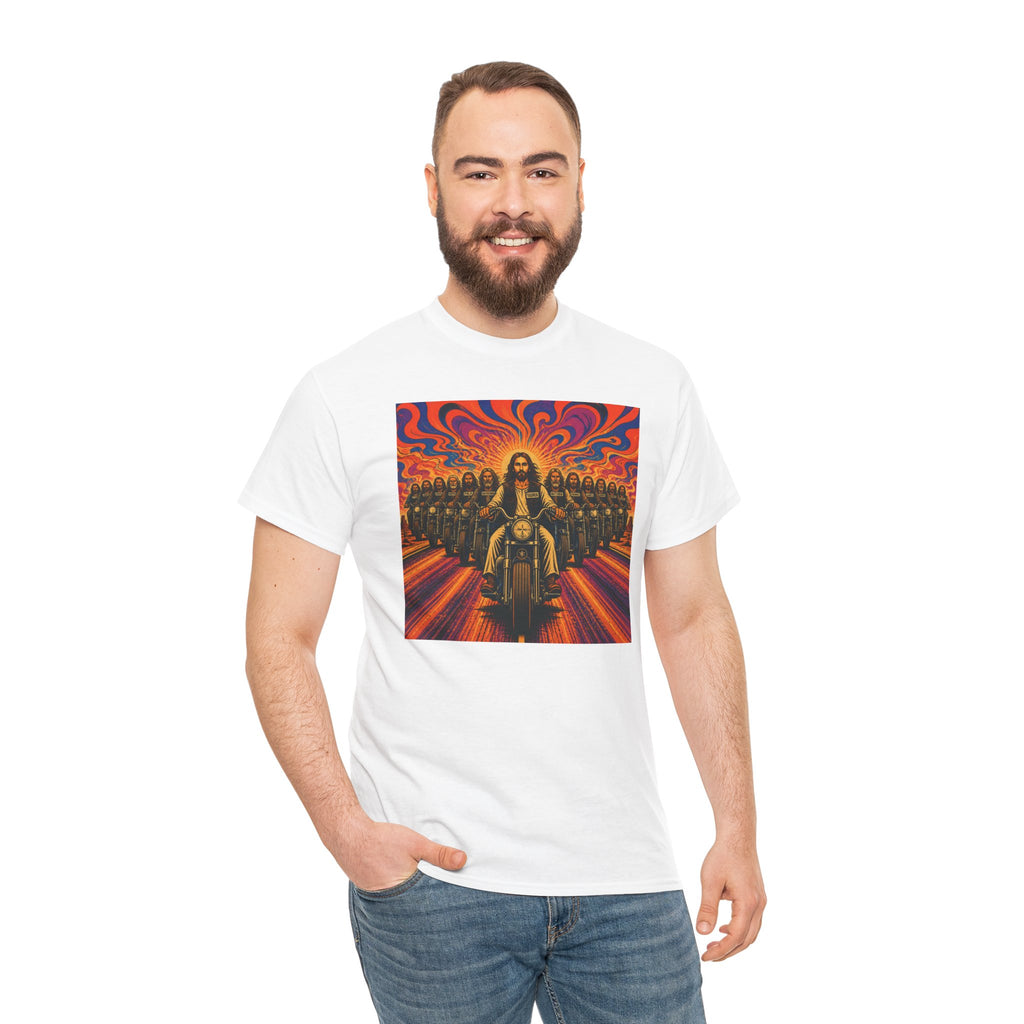 Psychedelic Yashua/Jesus Biker Crew T-Shirt — Retro Jesus Motorcycle Rider Graphic Tee